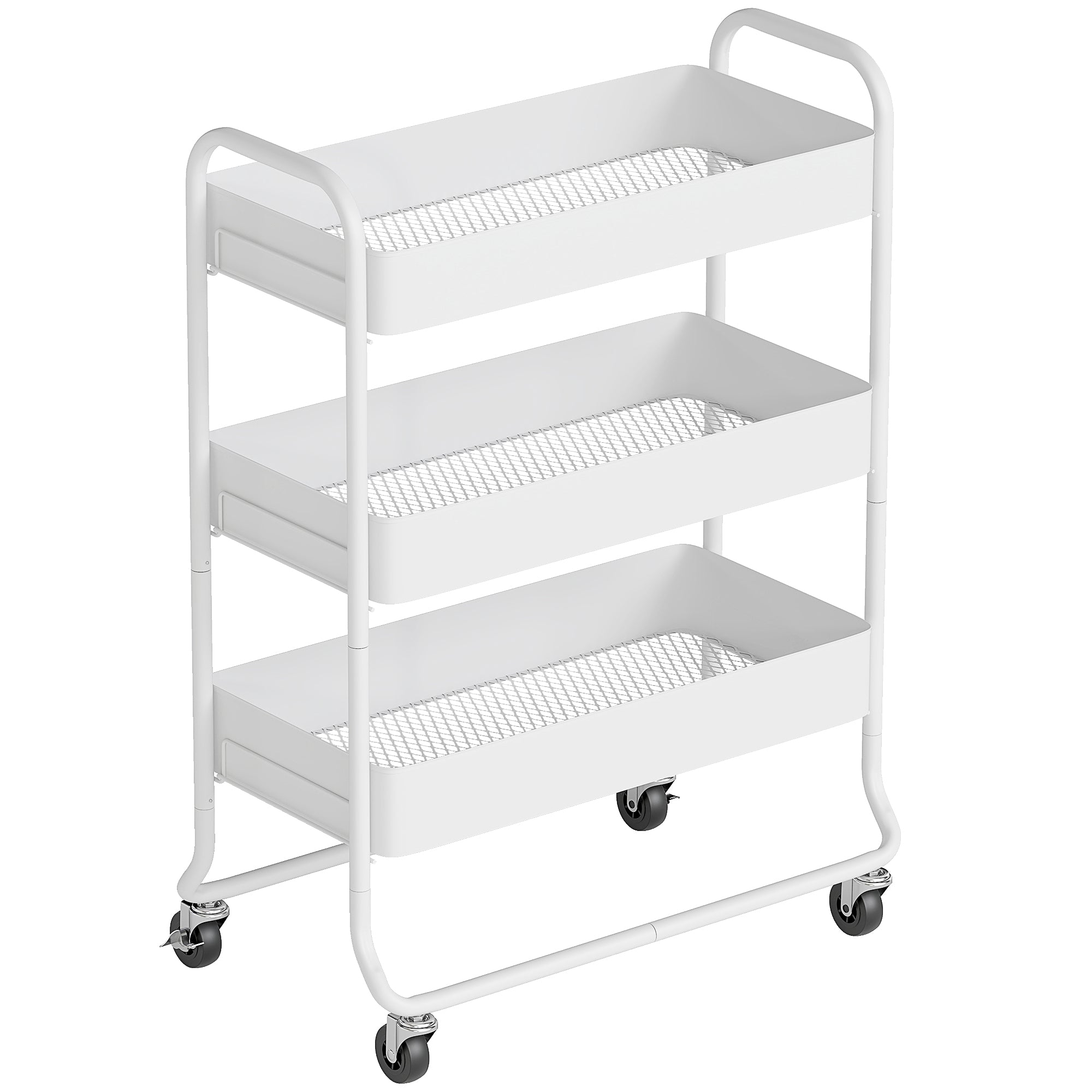 3-Tier Storage Trolley on Wheels, Rolling Utility Cart with Mesh Backets for Kitchen, Bathroom, Bedroom, White
