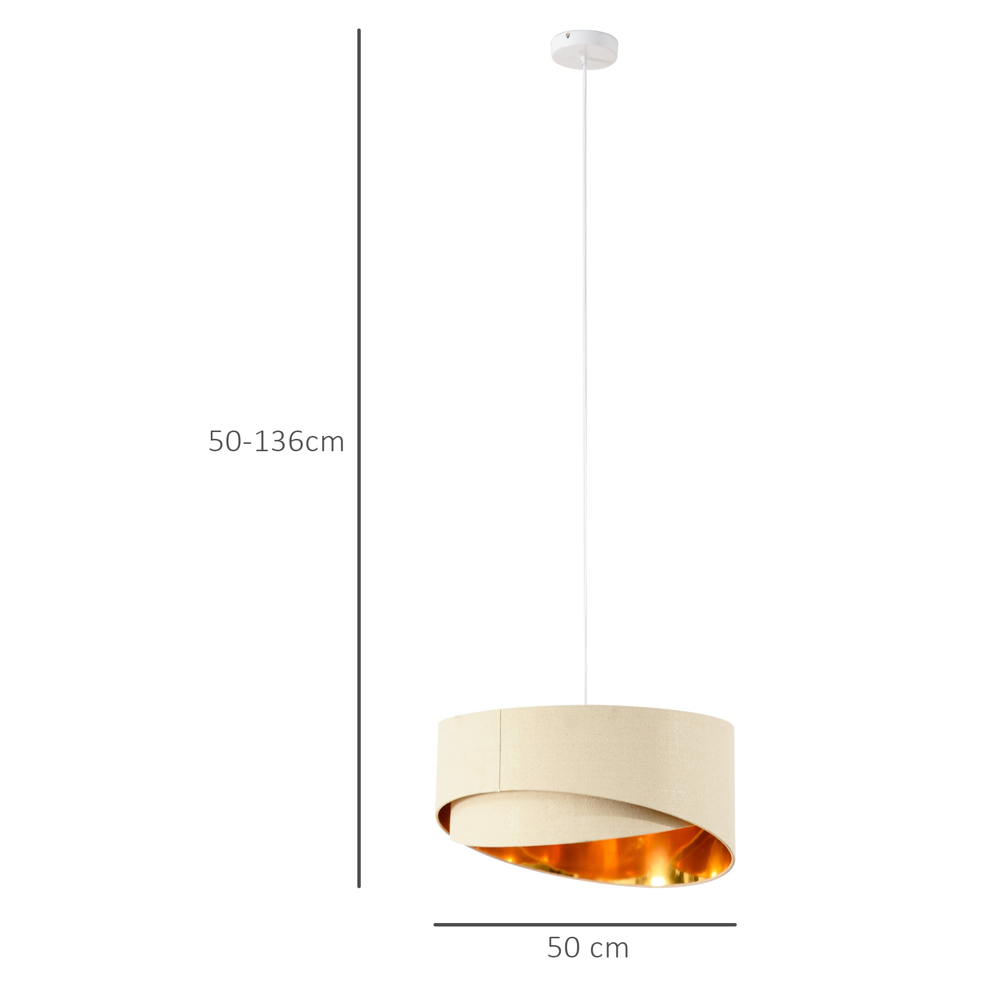 Modern Pendant Light with Adjustable Hanging Chain and Two Bevel Nested Lampshade, Metal Chandelier for Living Room, Bedroom, Dining Room, Office, Beige and Gold