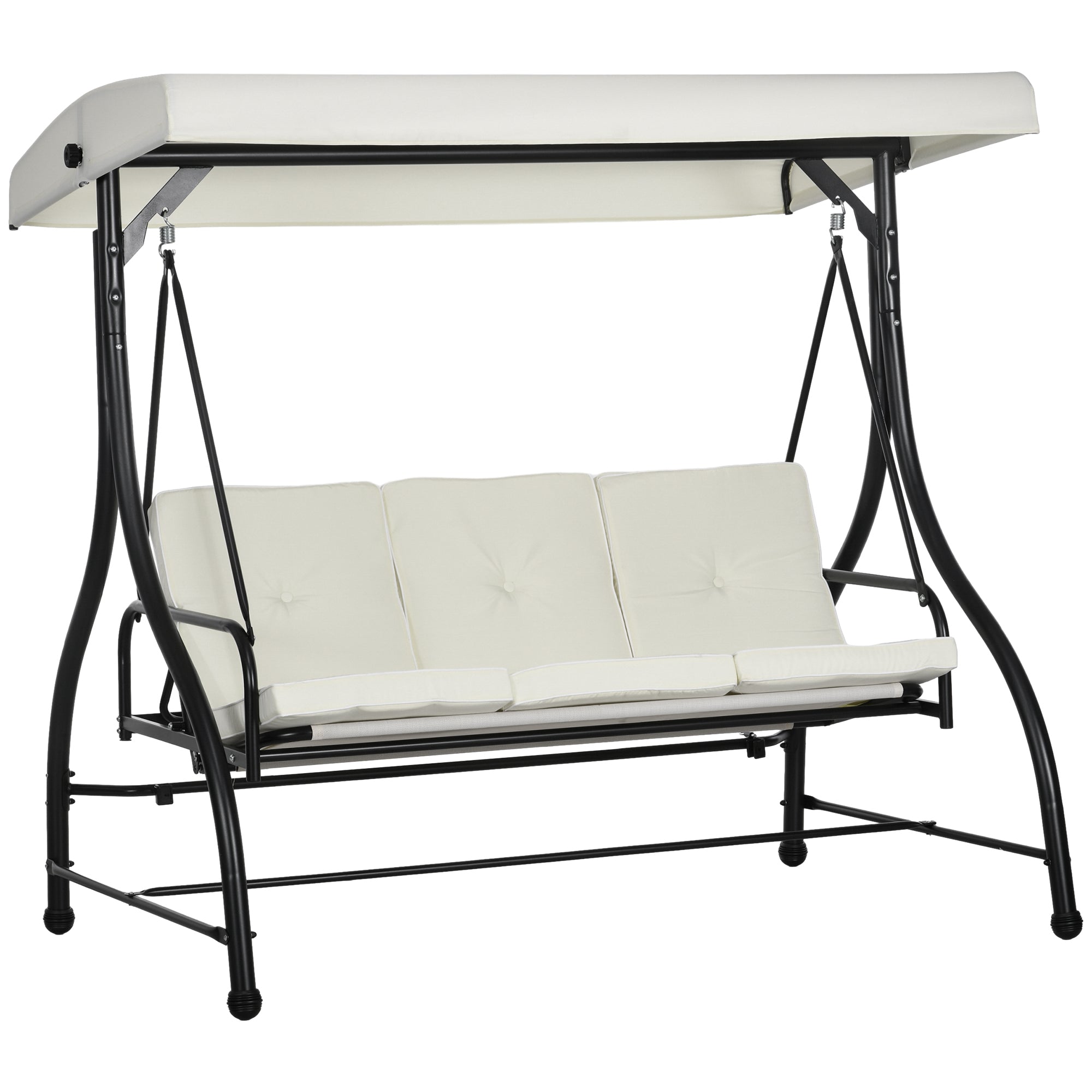 3 Seater Canopy Swing Chair, 2 in 1 Garden Swing Seat Bed, with Adjustable Canopy and Metal Frame, Cream White