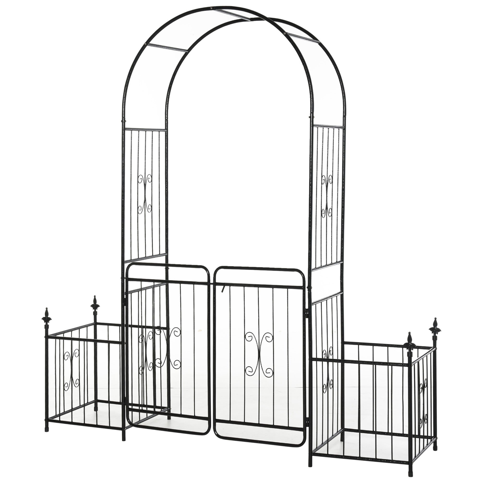 Metal Garden Arbor Arch with Double Doors, 2 Side Planter Baskets, Climbing Vine Frame, Black