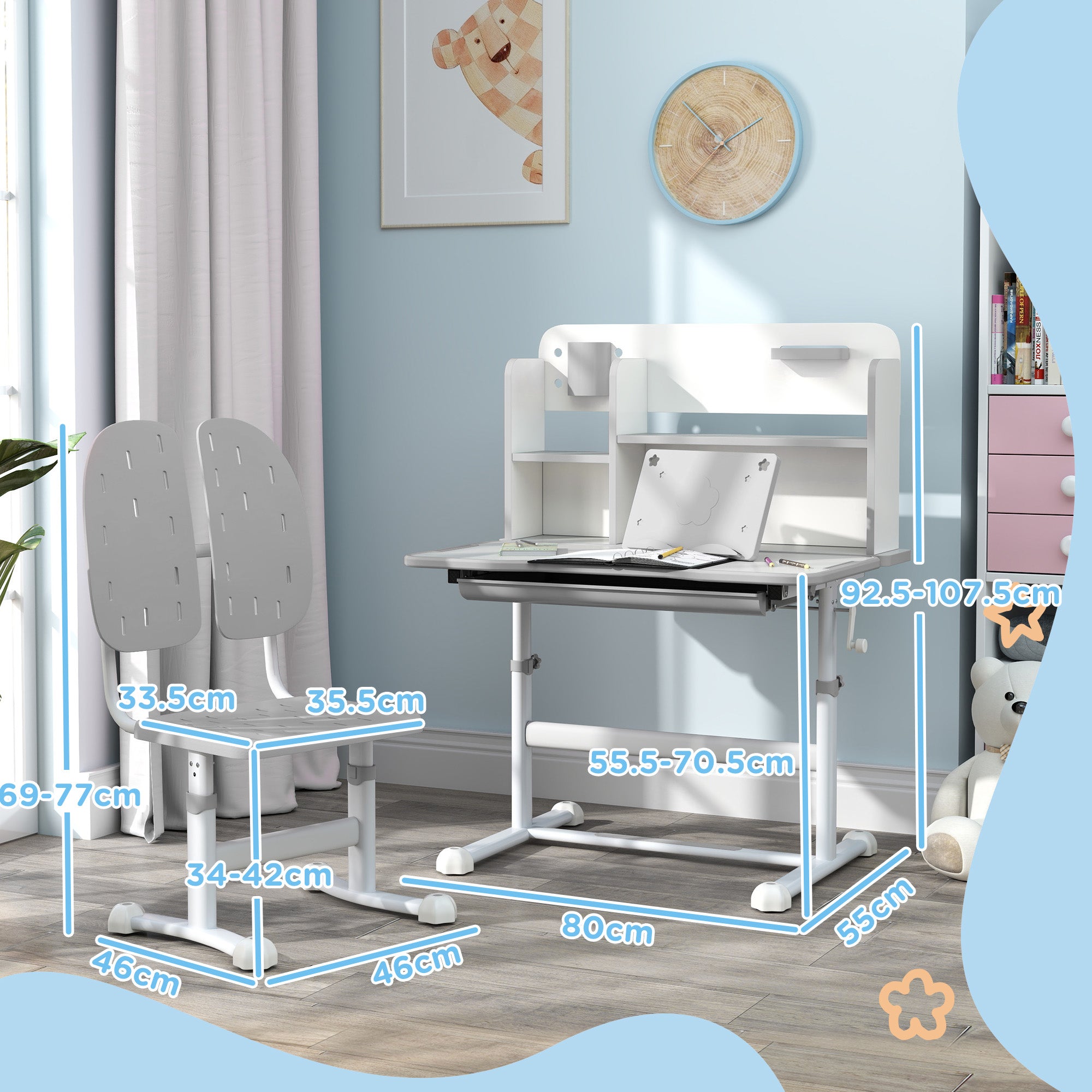 Height Adjustable Kids Desk and Chair Set, Children School Study Desk with Tiltable Desktop, Reading Rack, Grey