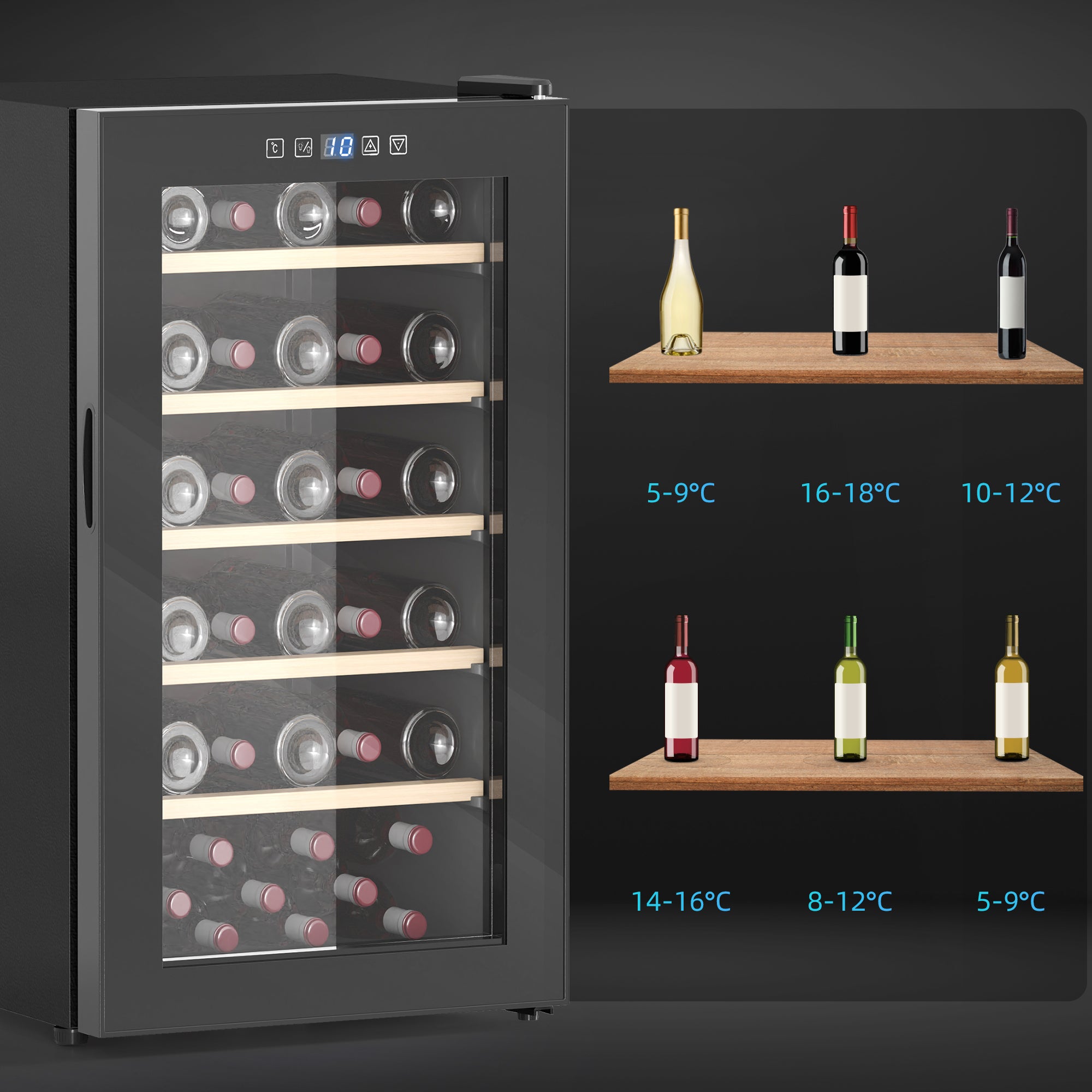41 Bottle Wine Fridge 91L with Glass Door, LED Light & Digital Touch Control - Black