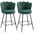 Set of Two Velvet-Feel Lotus Bar Stools - Dark Green