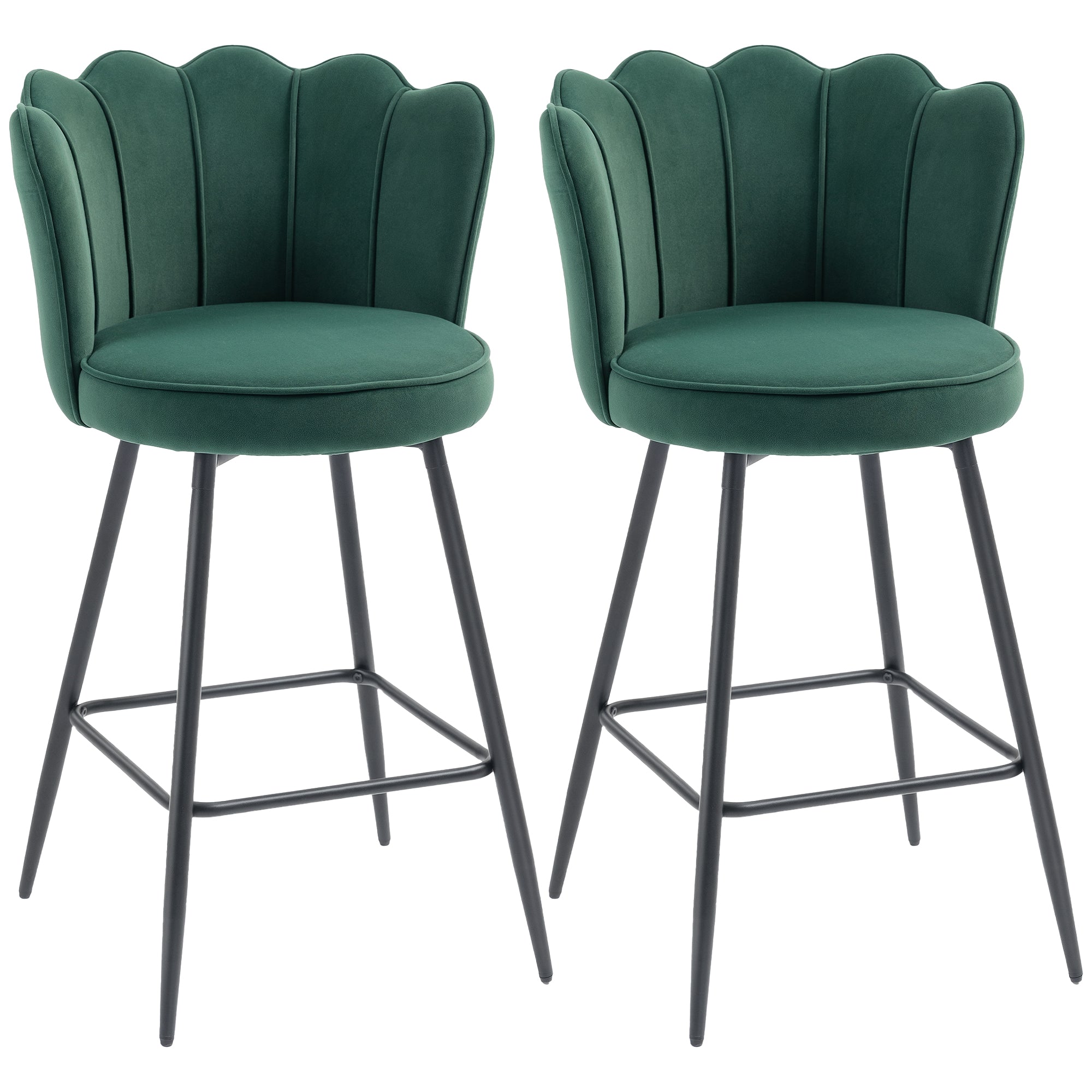Set of Two Velvet-Feel Lotus Bar Stools - Dark Green