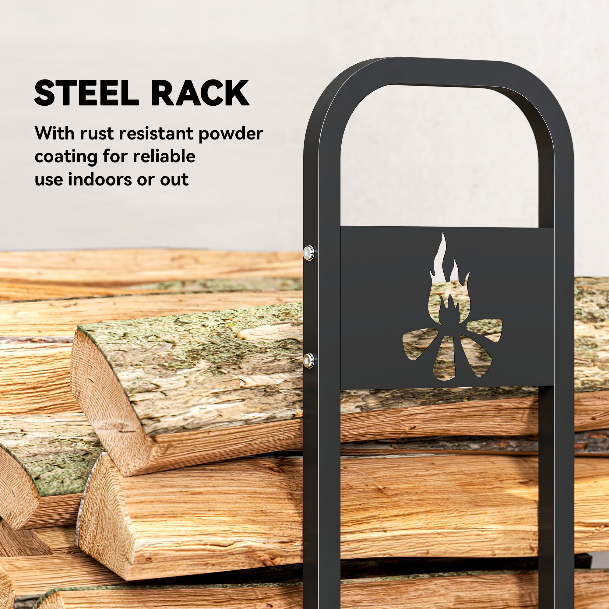 6.5 FT Steel Firewood Log Rack with 300 kg Capacity, Heavy Duty Indoor Outdoor Fireplace Wood Storage Shelf, Log Holder/Stand with Extra Support Legs, Decorative Bonfire Pattern, Black