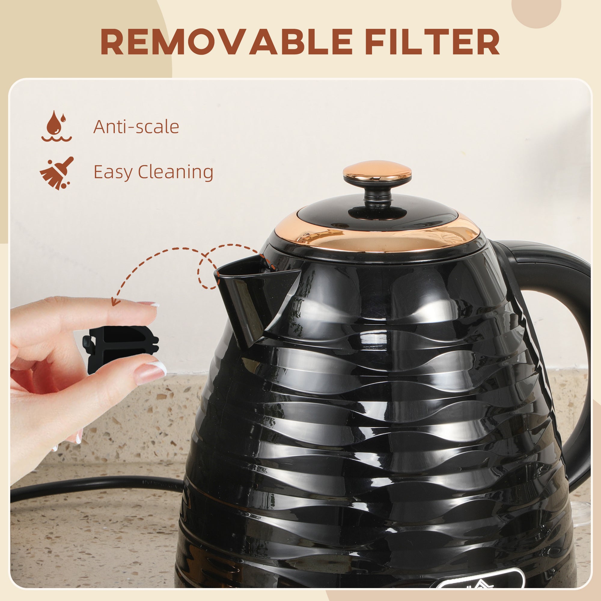 Electric Kettle, 1.7L, Fast Boil, 3kW Water Kettle with Removable Washable Anti-scale Filter, Auto Shut-off, 360° Swivel, BPA Free, Black Water Ripple Texture