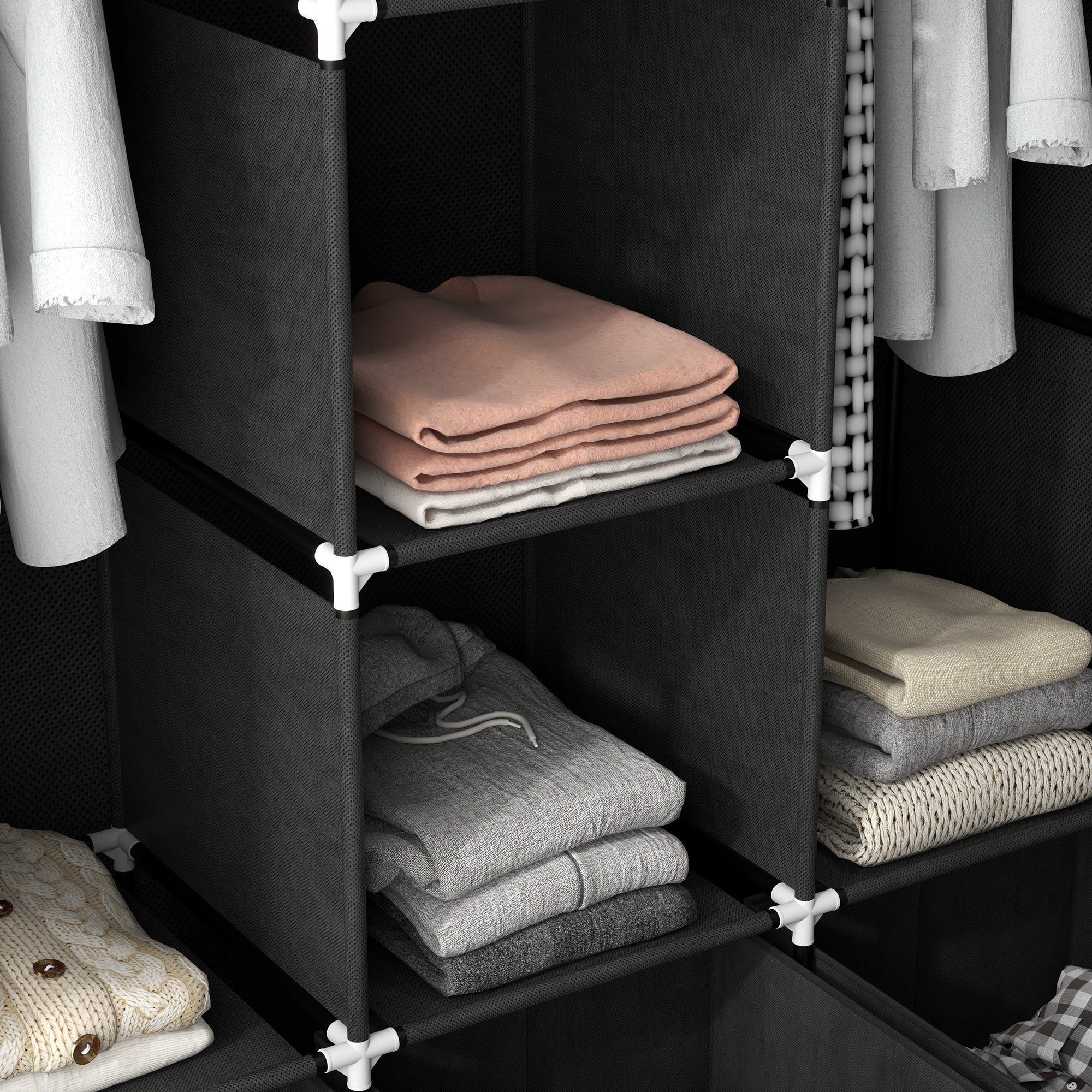 Foldable Fabric Wardrobe for Bedroom, Portable Wardrobe with 5 Shelves, 2 Hanging Rails and 3 Fabric Drawers, Black
