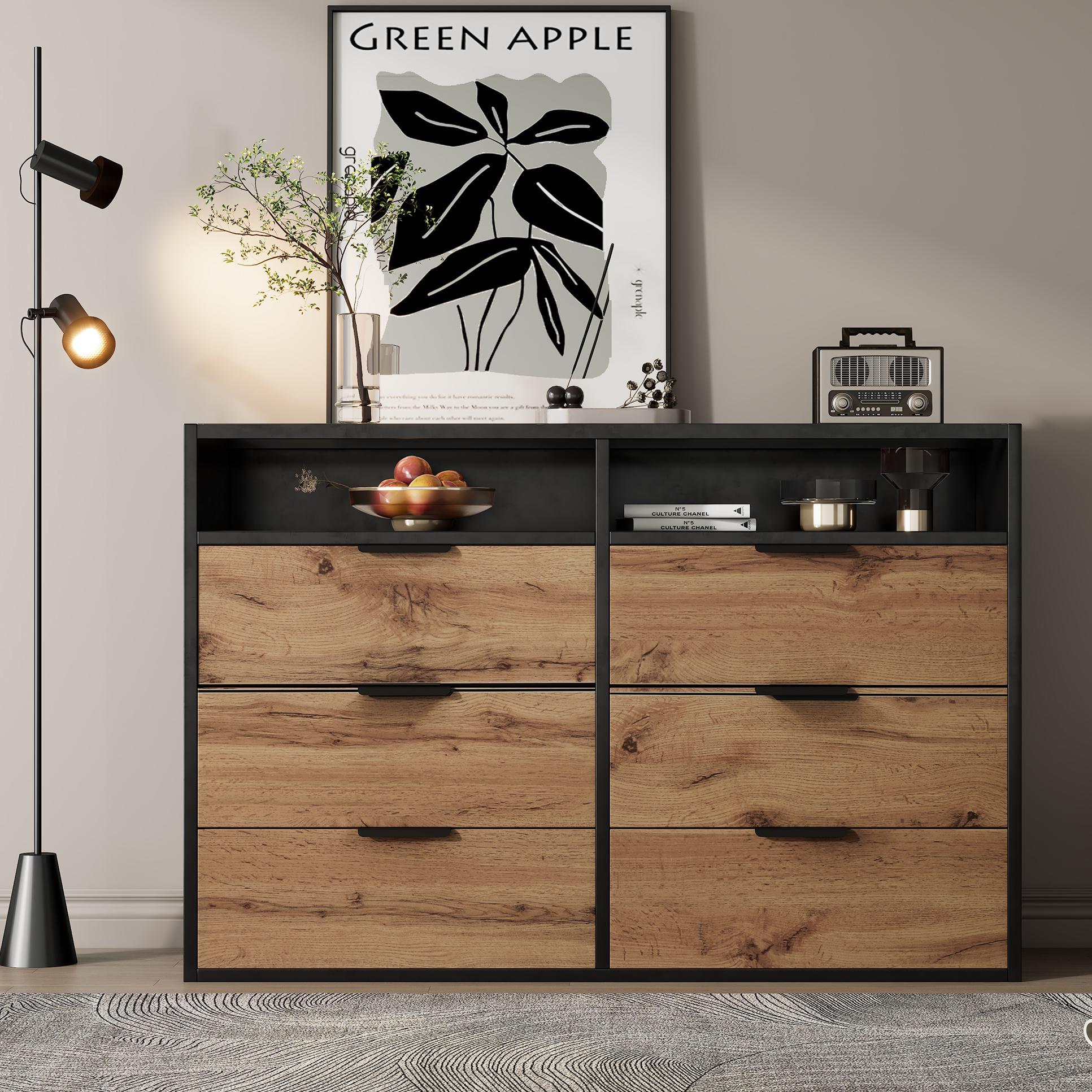 Sideboard Cabinet Dresser with 6 Drawers and 2 Open Shelves, Anti-tip, Dressing Storage Cabinet for Living Room, 120L x 40W x 80H cm, Oak