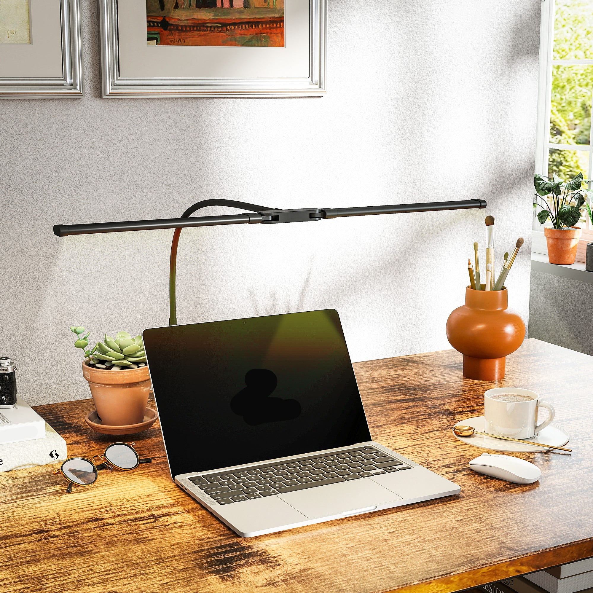 LED Desk Lamp with Clamp, Double Head Table Lamp with 3 Colour Modes & 10 Brightness Levels, Flexible Gooseneck Reading Desk Light with Timer and Memory Function for Study, Office, Work, Black
