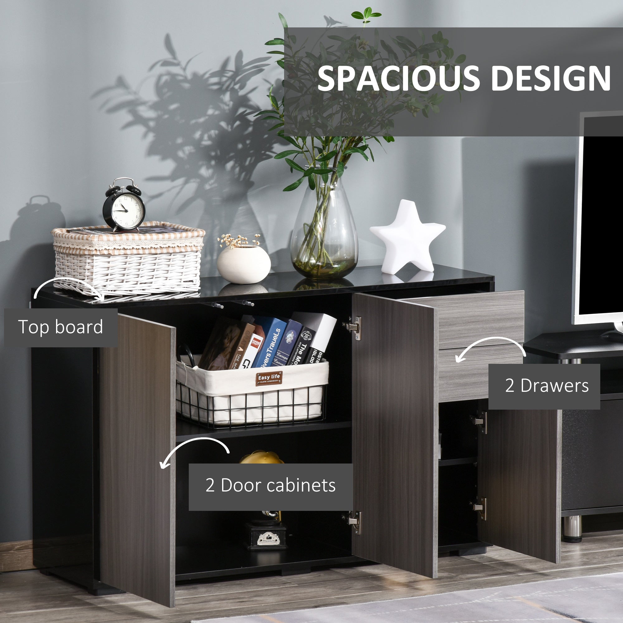 High Gloss Frame Sideboard, Side Cabinet, Push-Open Design with 2 Drawer for Living Room, Bedroom, Light Grey and Black