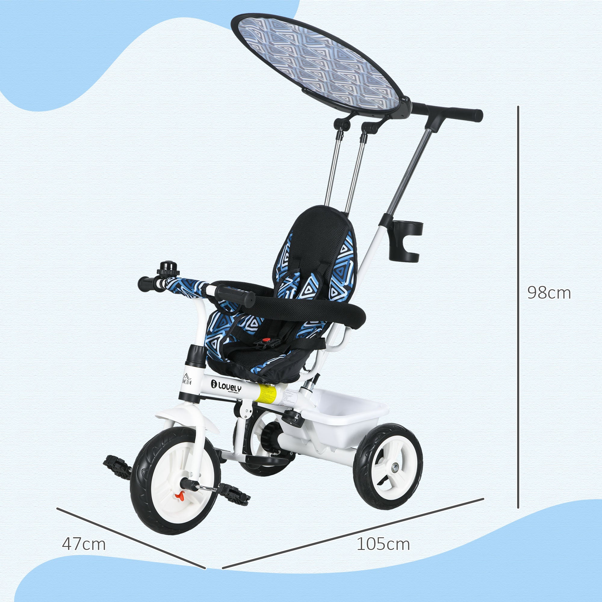 6 in 1 Tricycle for Kids with 5-point harness straps, Removable Canopy, Blue