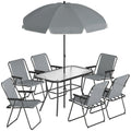 8 Piece Garden Dining Set with Umbrella, Garden Furniture Set with 6 Folding Chairs, Tempered Glass Table for Patio Grey
