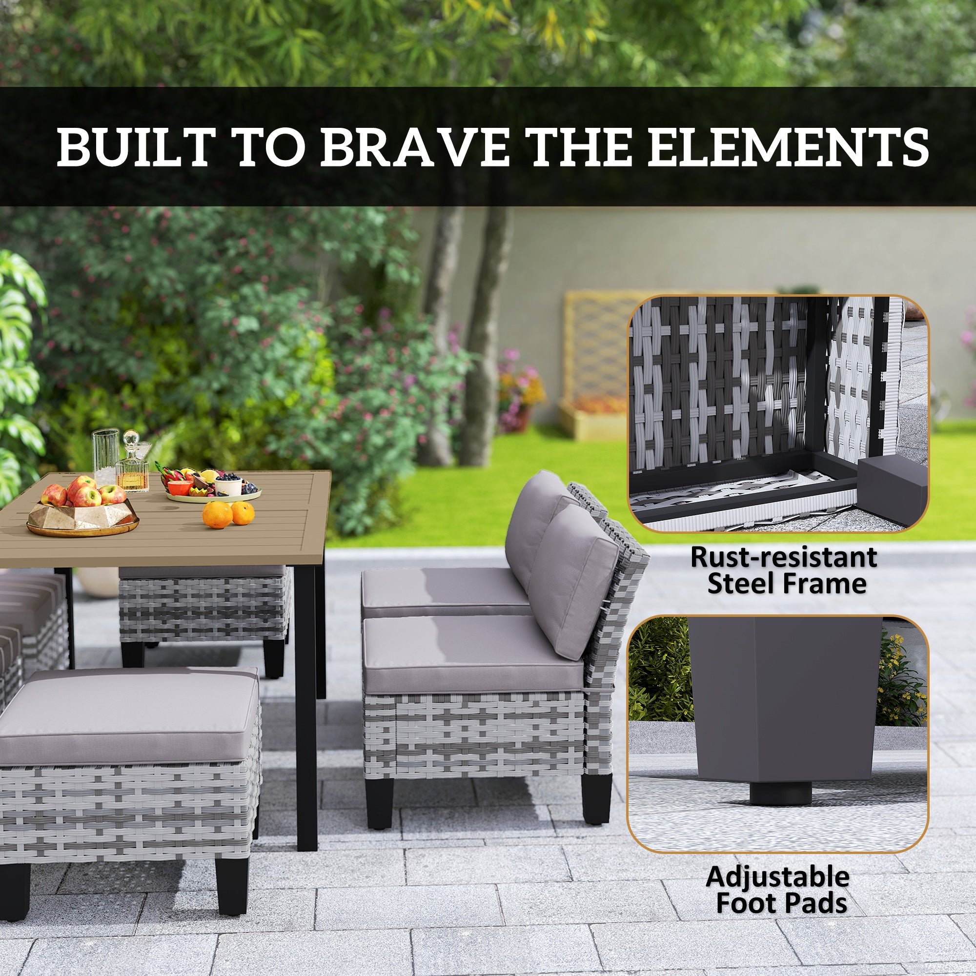 Seven-Piece Rattan Dining Set - Grey