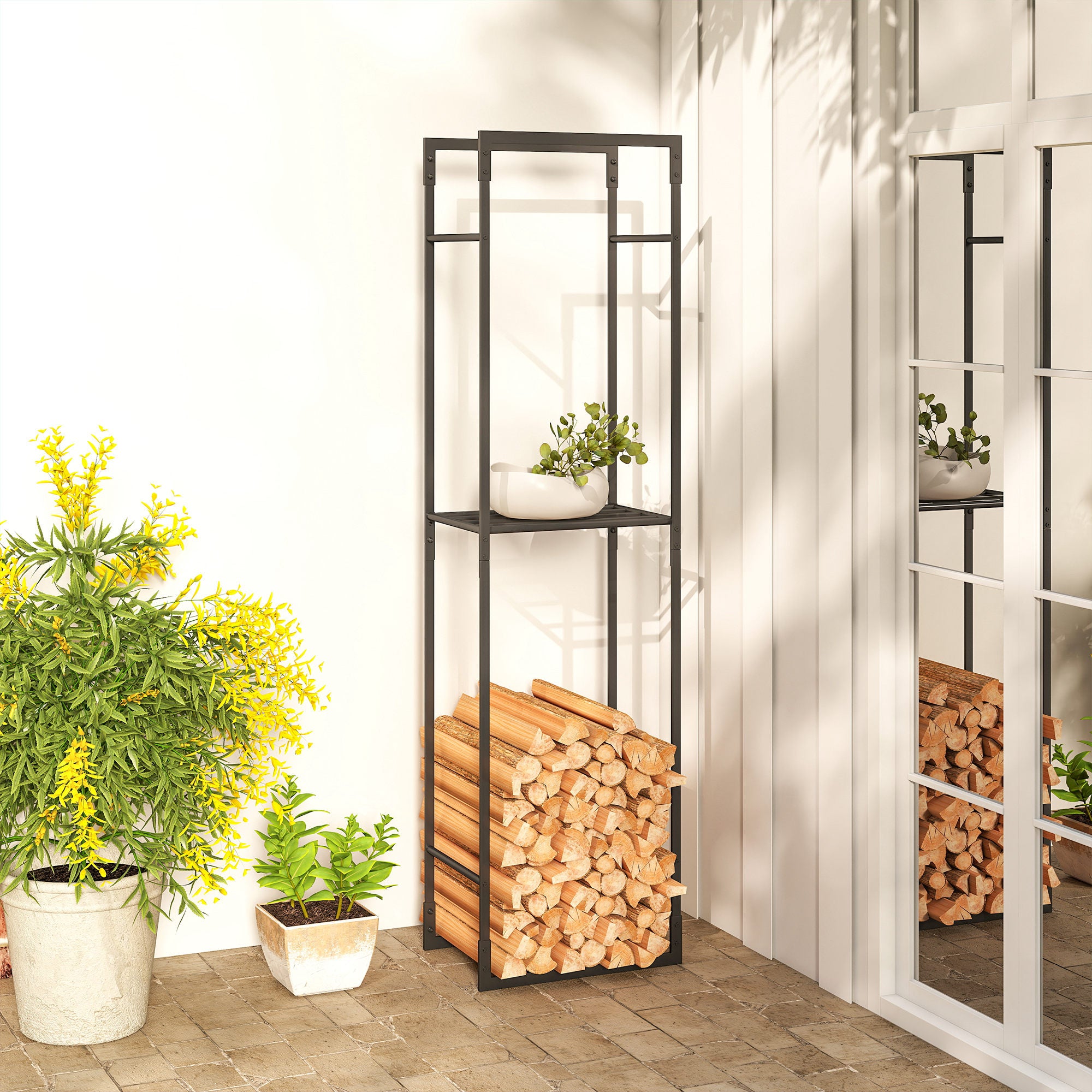 Metal Firewood Log Holder, Heavy Duty Firewood Rack with Adjustable Shelf, Indoor Outdoor Fireplace Wood Storage Shelf, 45 x 31 x 170 cm, Black