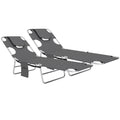 Foldable Sun Lounger Set of 2, Beach Chaise Lounge with Reading Hole, Arm Slots, 5-Position Adjustable Backrest, Side Pocket, Pillow for Garden, Beach, Pool, Dark Grey