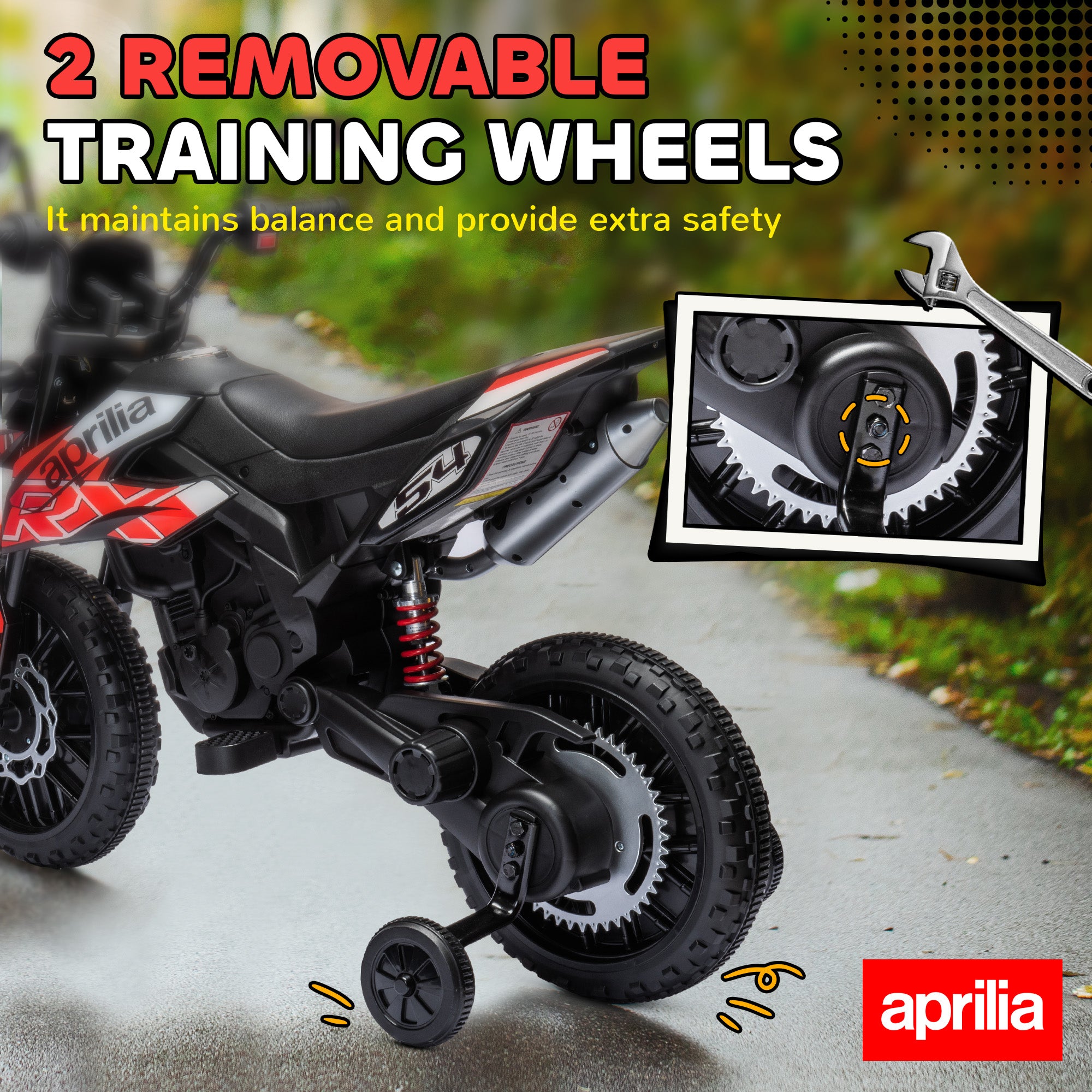 12V Aprilia Licenced Kids Motorbike with Training Wheels, Spring Suspension, LED Light, USB, Music, Red
