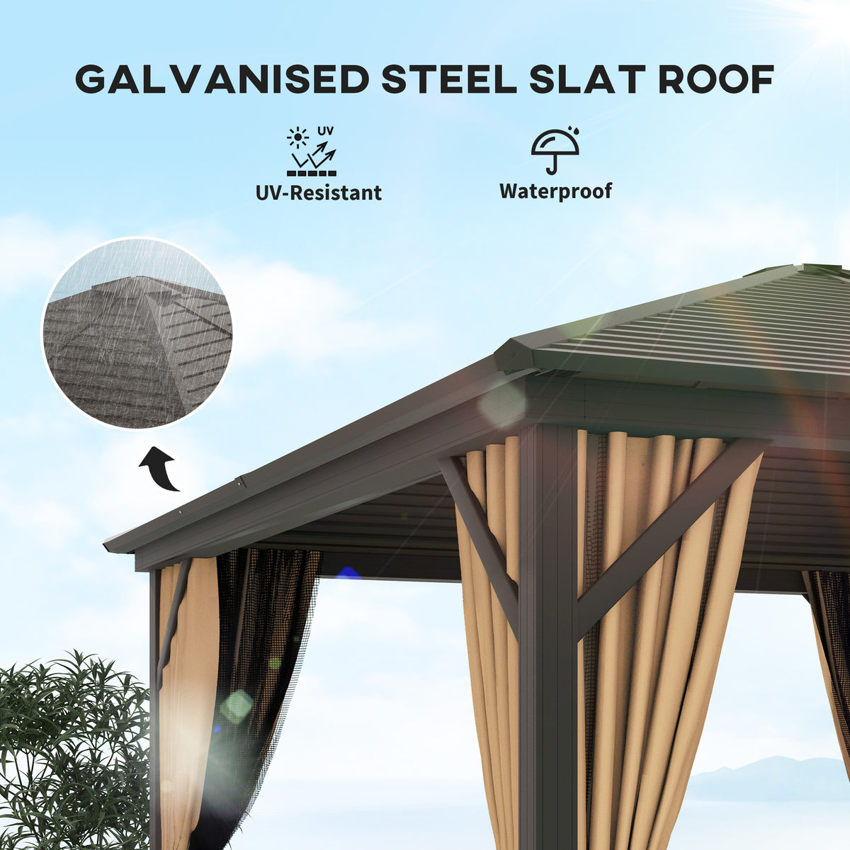 3 Piece Metal Hardtop Gazebo with Curtains and Accessories - Brown