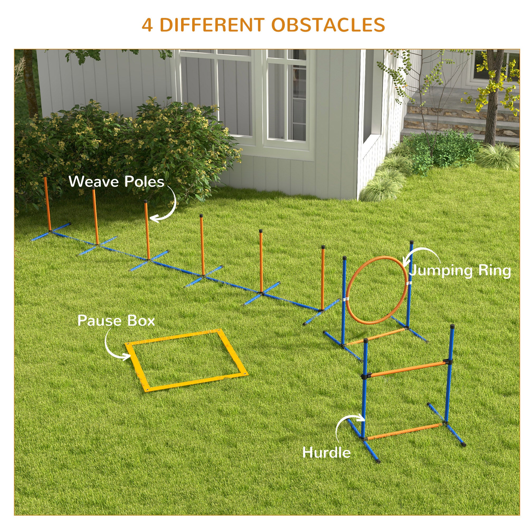 Dog Agility Training Equipment Set with Weave Poles, Jump Ring, Pause Box & Adjustable Hurdle - Orange