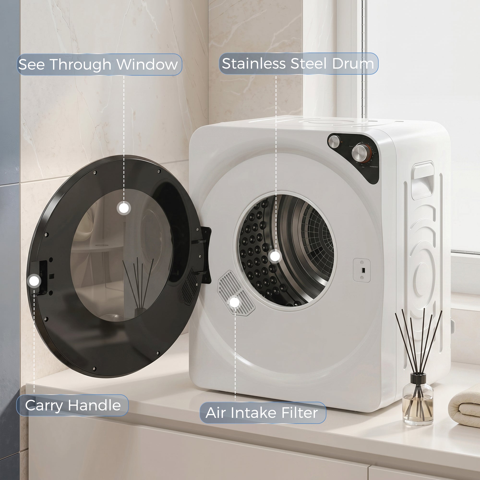 5kg Vented Tumble Dryer, 1000W Compact Tumble Dryer with 5 Drying Modes, Stainless Steel Tub, White
