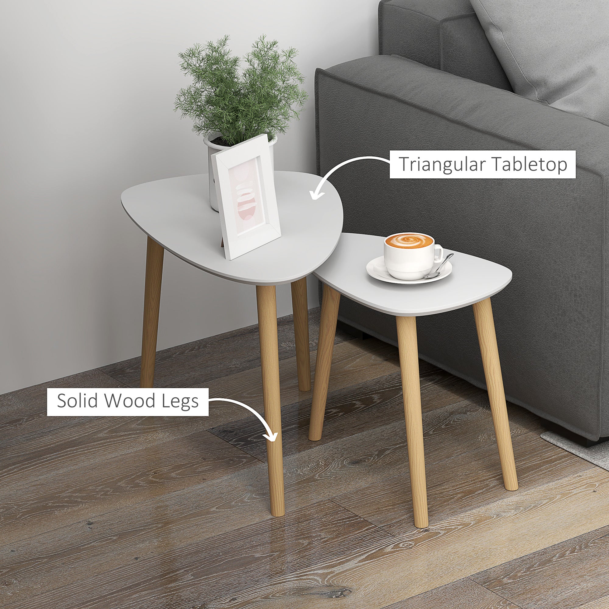 Nesting Coffee Table Set of 2 with Solid Wood Legs - Light Grey
