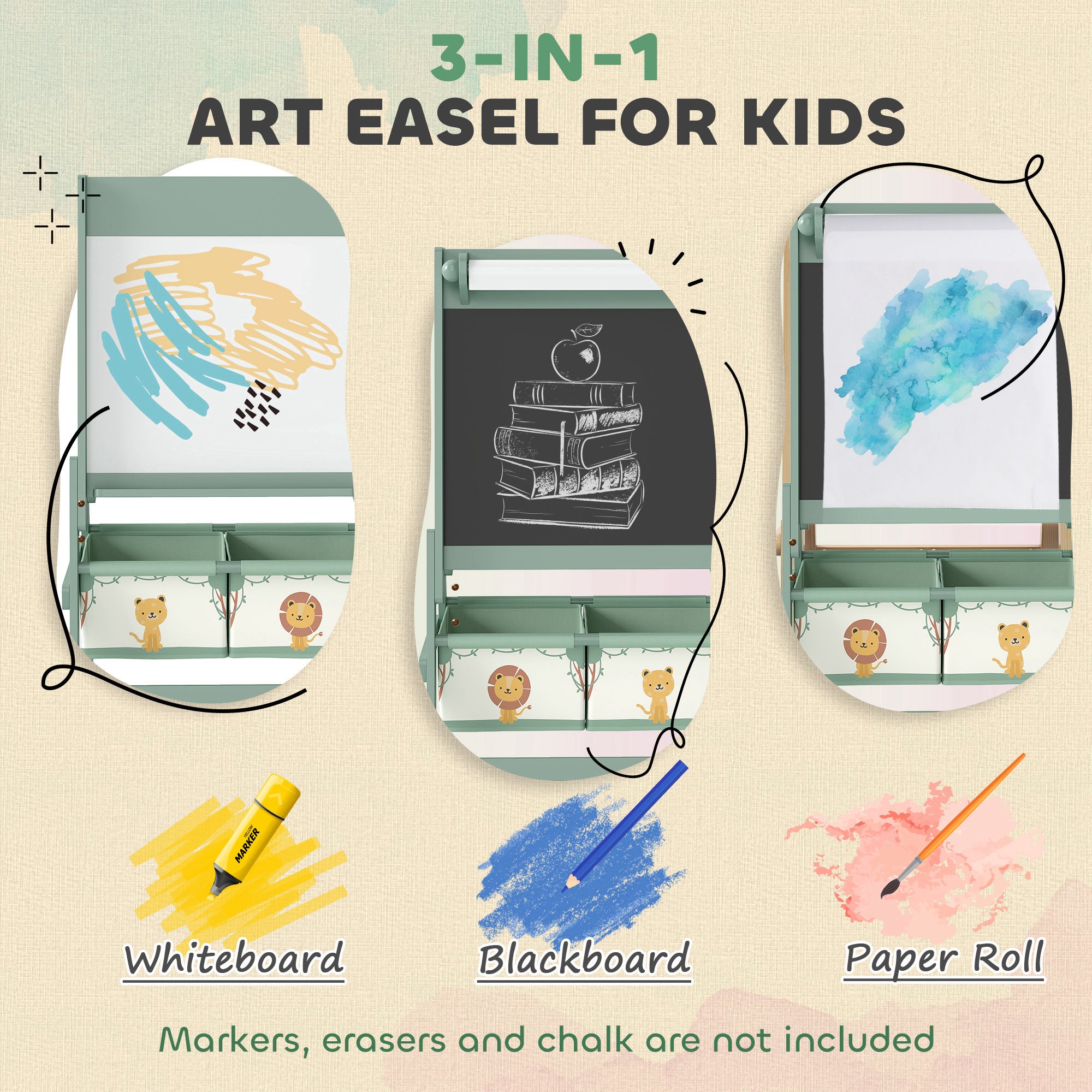 Art Easel for Kids, Double-Sided Whiteboard/Blackboard with Paper Roll, Two Storage Boxes, for Ages 3-8 Years, Green