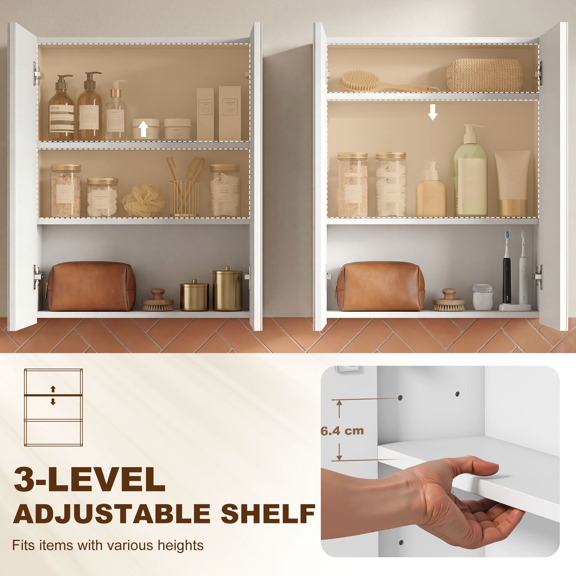Wall Mounted Bathroom Mirror Storage Cabinet w/ Door Adjustable Shelf, White