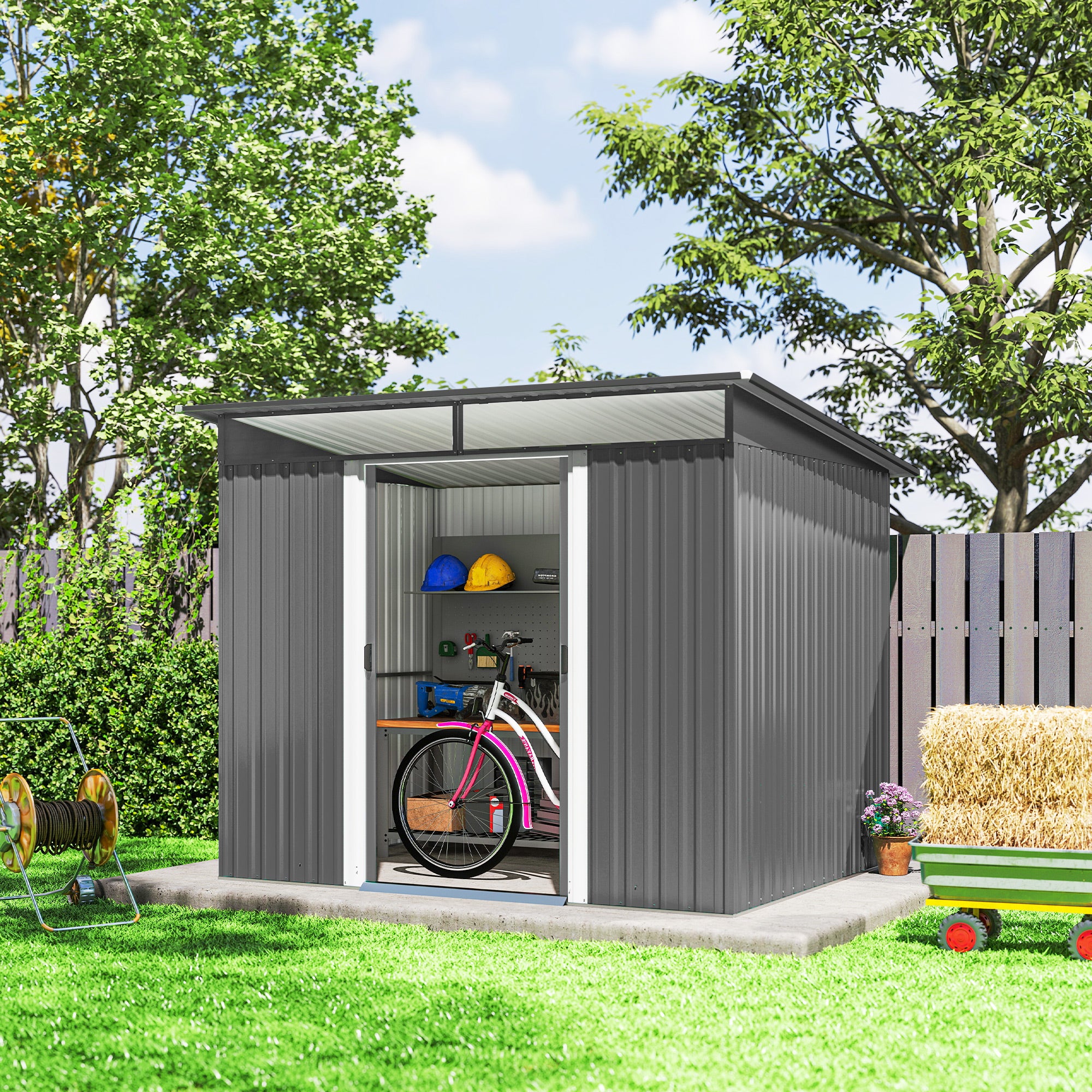 9ft x 6.5ft Garden Storage Shed with Top Window, Metal Outdoor Shed Tool House with Double Doors, Light Grey