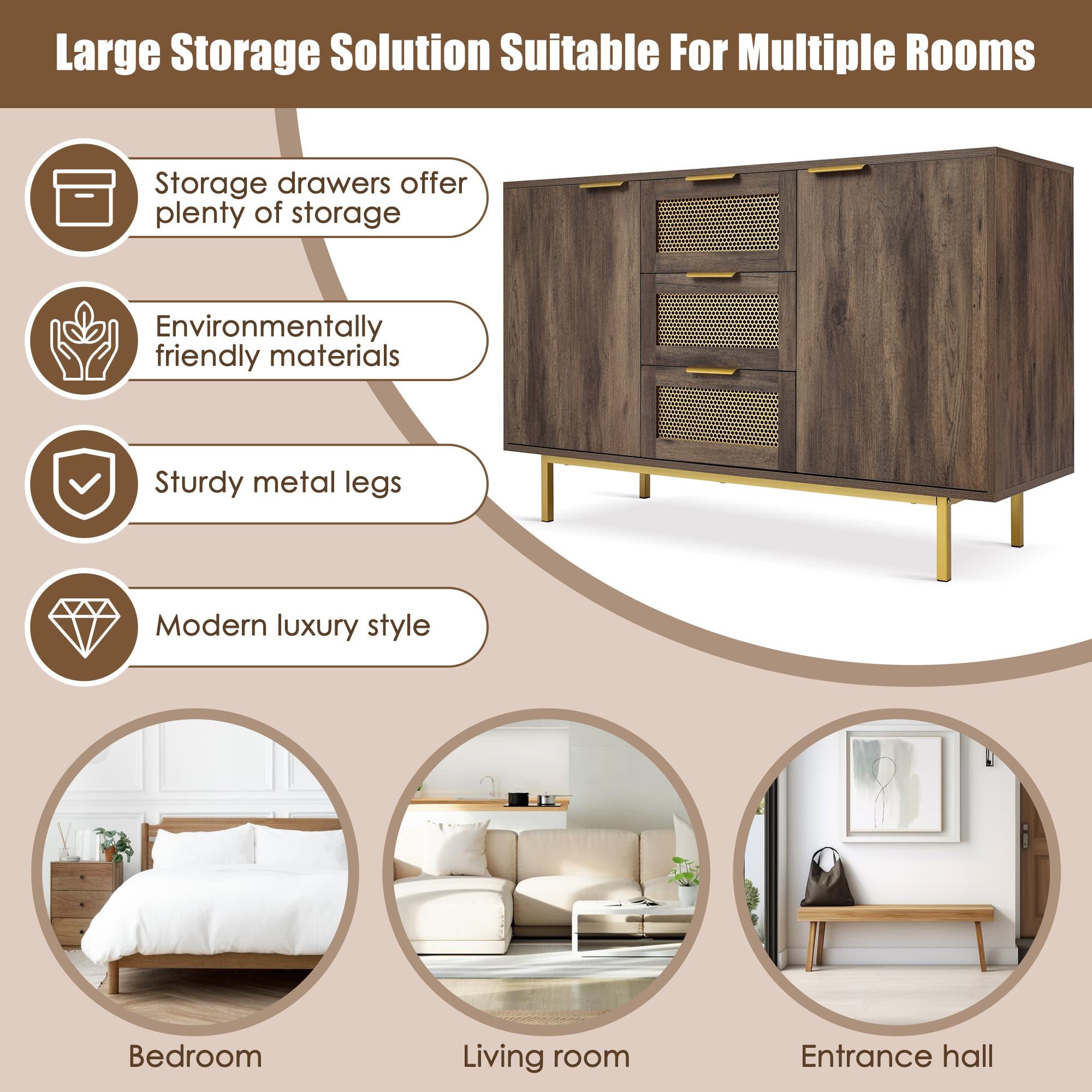 Sideboard Cabinet Dresser with 3 Drawers and 2 Doors, Metal Handles, Multipurpose Storage Cabinet for Hallway, 120L x 40W x 76H cm, Dark Brown