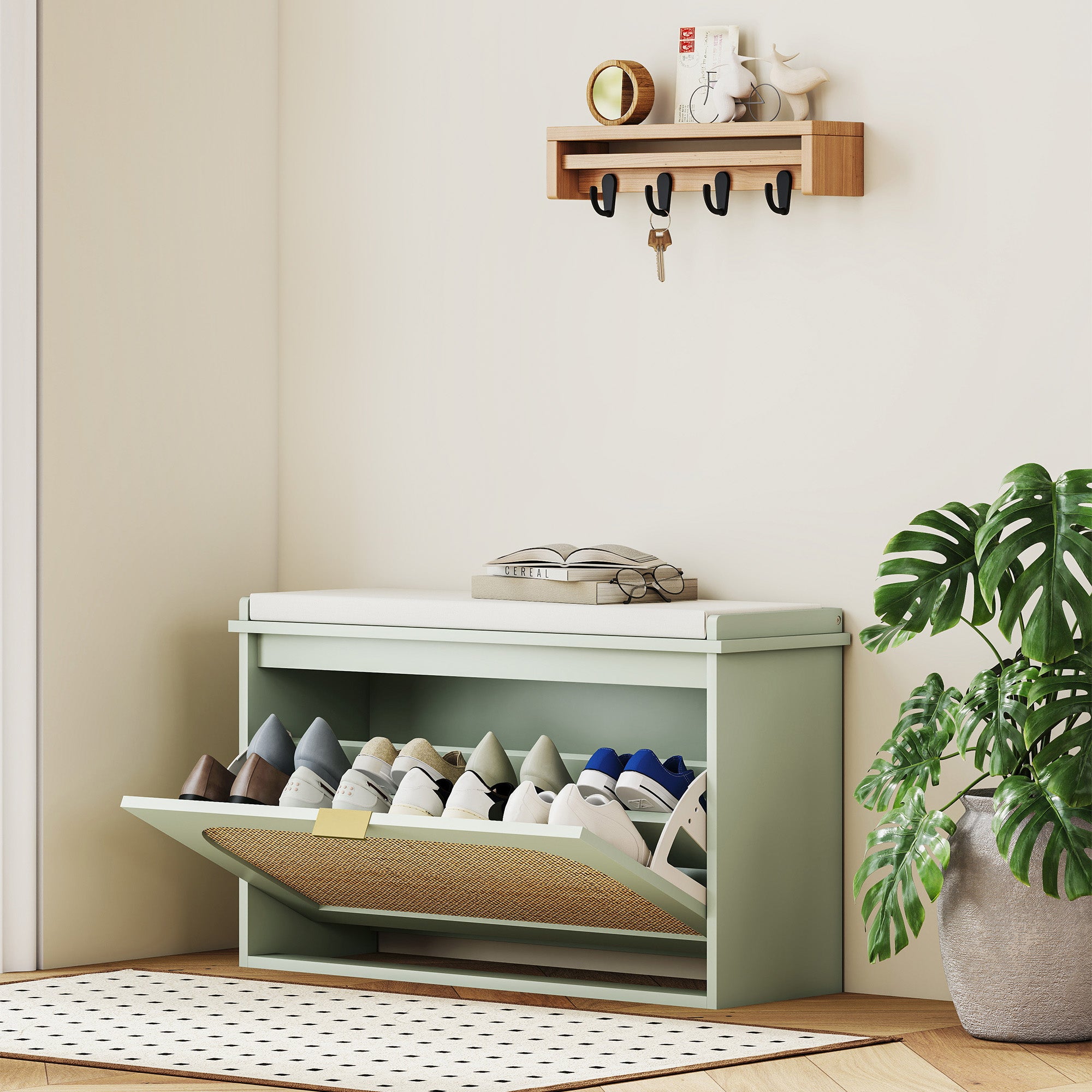 Boho Shoe Bench with Padded Seat and Flip-Drawer - Light Green