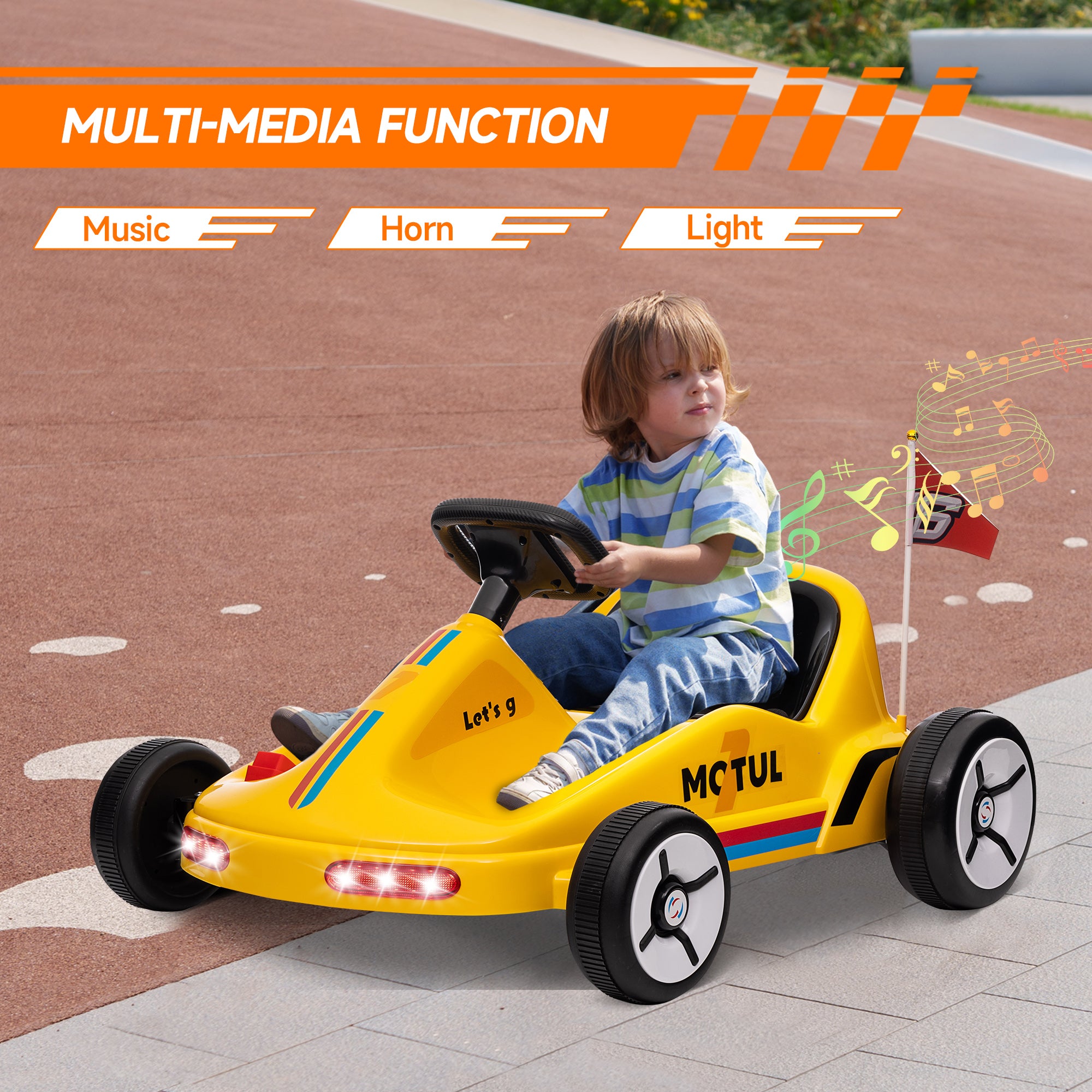 6V Electric Go Kart for Kids with Music, Light, Horn, for 3-5 Years, Yellow