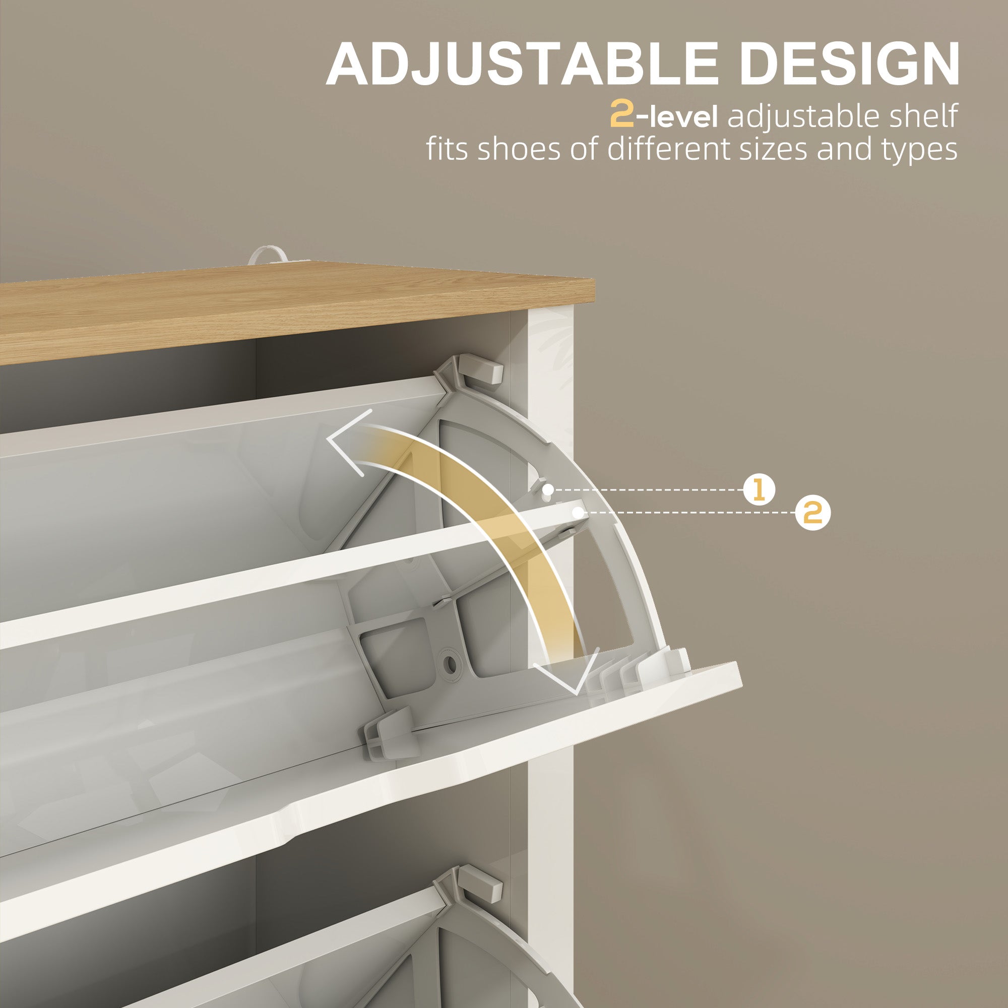Slim Shoe Cabinet, Narrow Shoe Cupboard with 2 Flip Drawers, Adjustable Shelves for 12 Pairs of Shoes, High Gloss White
