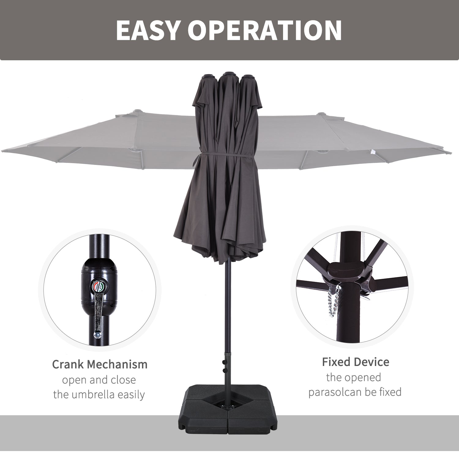 4.6m Garden Parasol Double-Sided Sun Umbrella Patio Market Shelter Canopy Shade with Weight Base, Grey