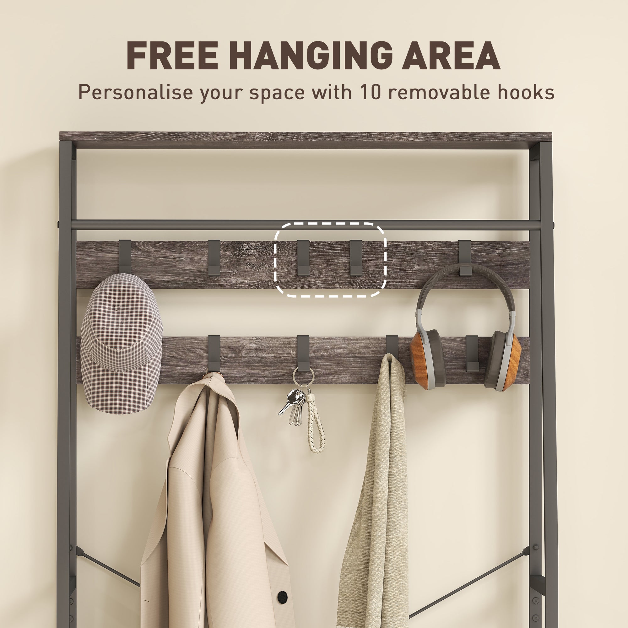 Coat Rack with Shoe Storage, Hall Tree, Industrial Coat Stand with Shoe Bench, 10 Removable Hooks, 2 Fabric Drawers and Clothes Rail for Entryway, Hallway, Grey