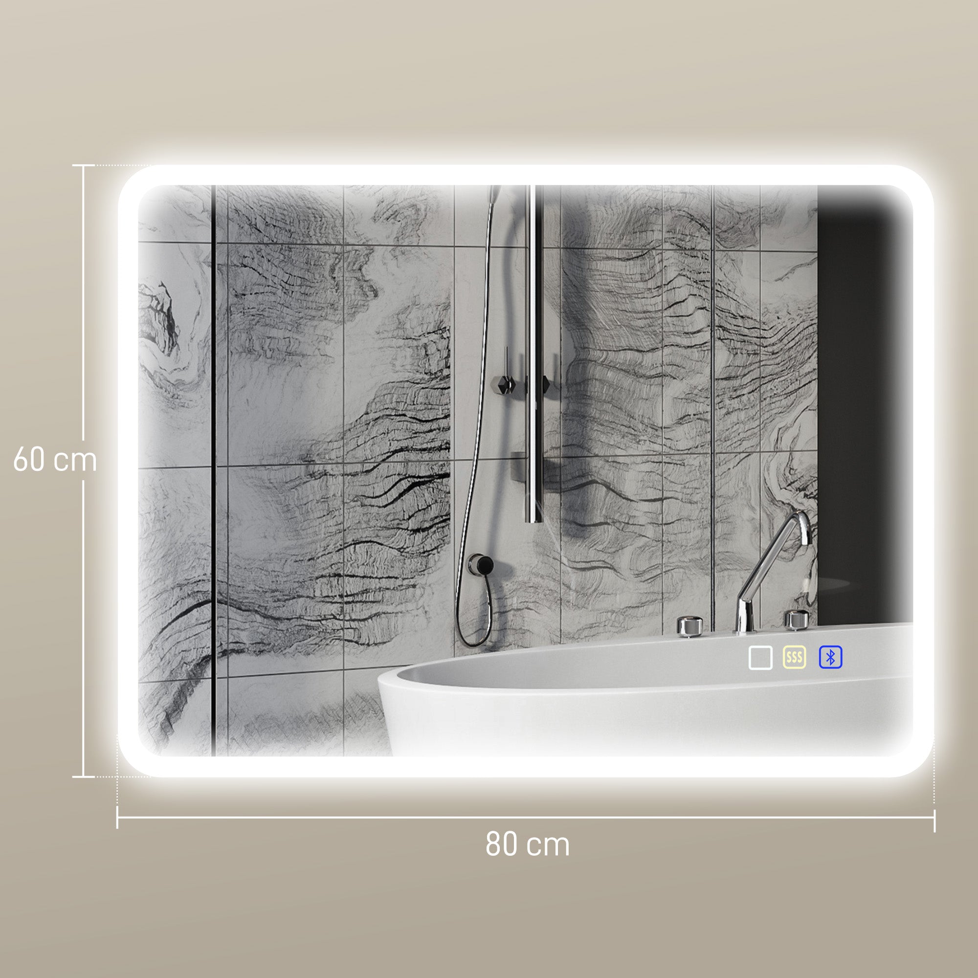 80 x 60cm LED Bathroom Mirror, with Bluetooth - Silver Tone