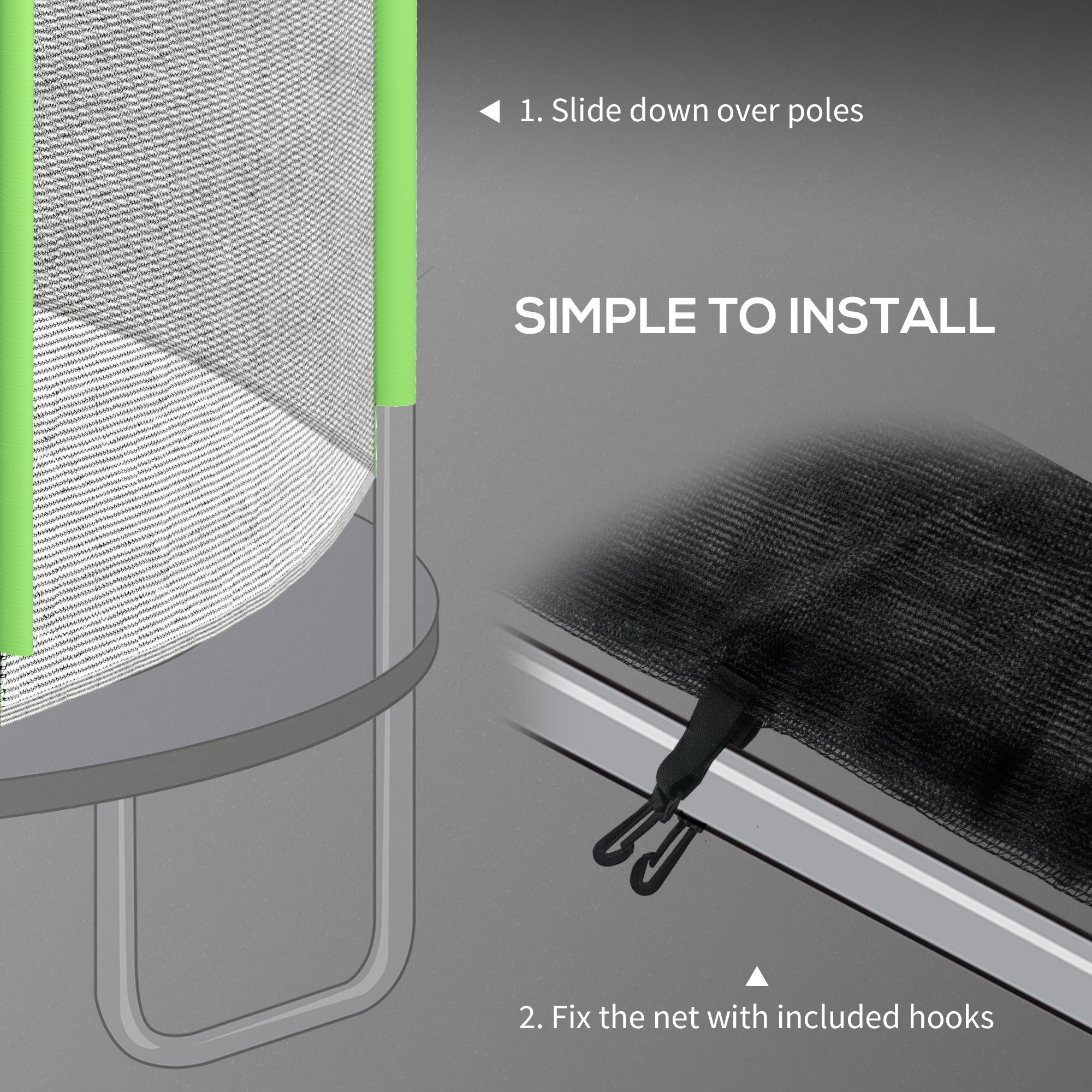 8ft Trampoline Net Replacement with 6 Plastic Pole Covers, Weather-Resistant Trampoline Netting Replacement with Zipped Entrance, Poles Not Included, Green