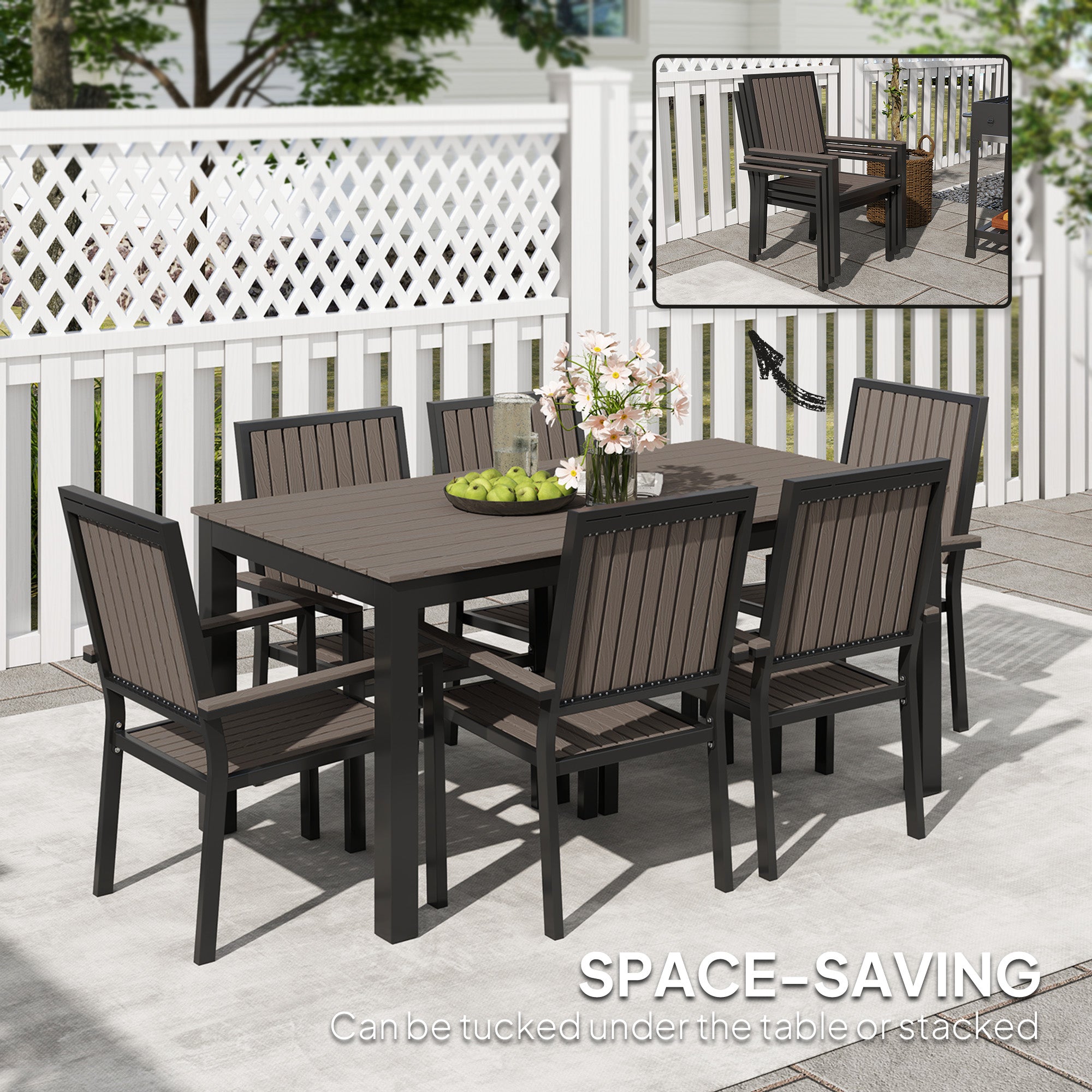 6 Seater Garden Dining Set with Stackable Chairs and Rectangular Aluminium Frame Table - Brown