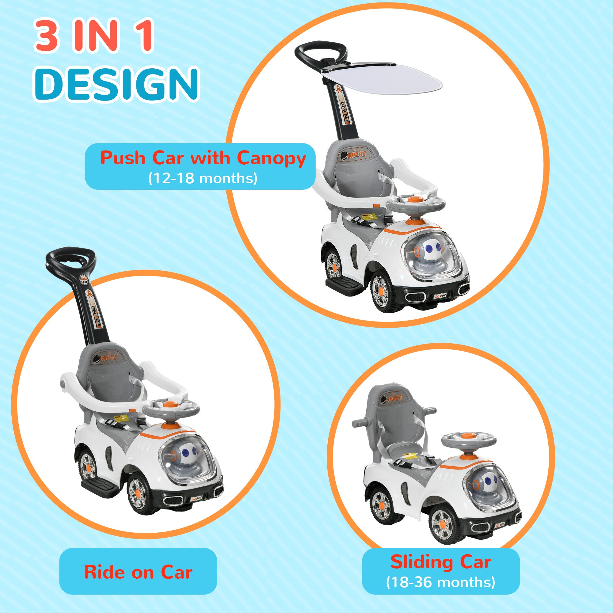 3 in 1 Ride on Push Car, Cartoon Robot Theme Foot to Floor Slider w/ Handle Light Music Horn, Storage - White