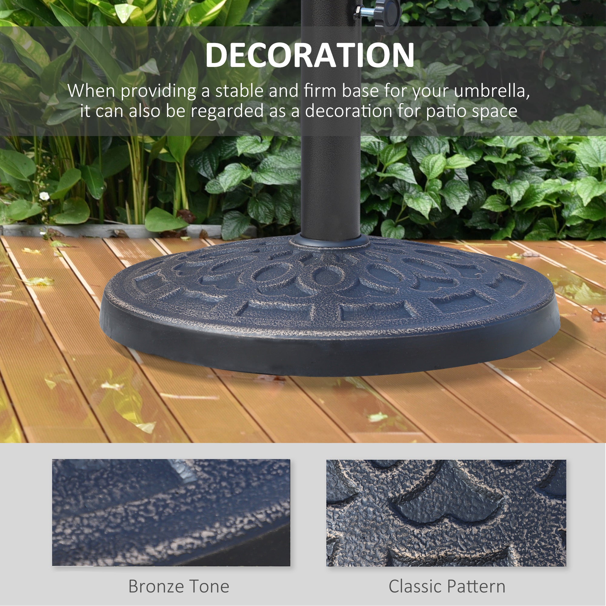 12kg Round Resin Garden Parasol Base for 38mm & 48mm Umbrella Poles - Bronze Tone