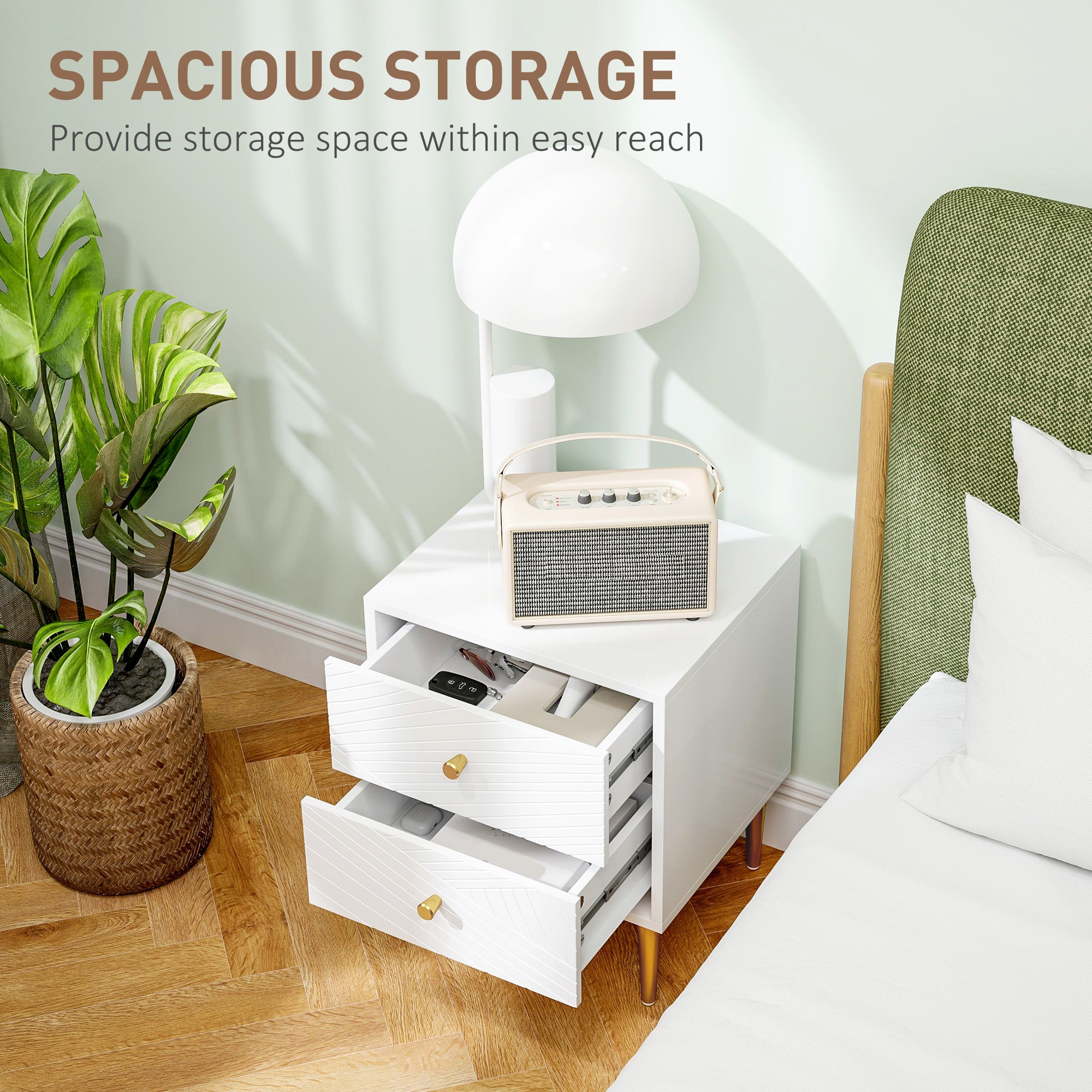 Two-Drawer Bedside Table with Gold-Tone Handles and Legs - White