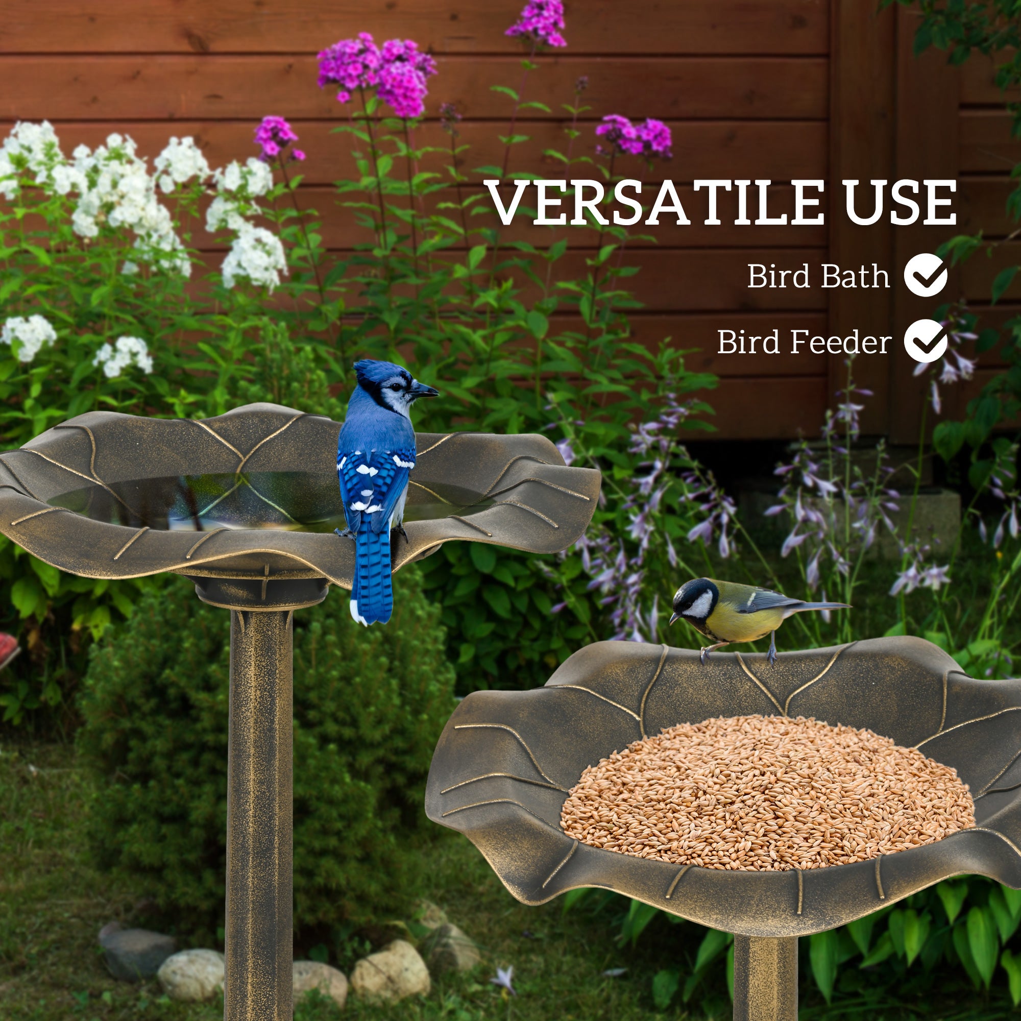 71cm Standing Pedestal Bird Bath with Lotus Leaf Basin for Garden - Bronze Tone