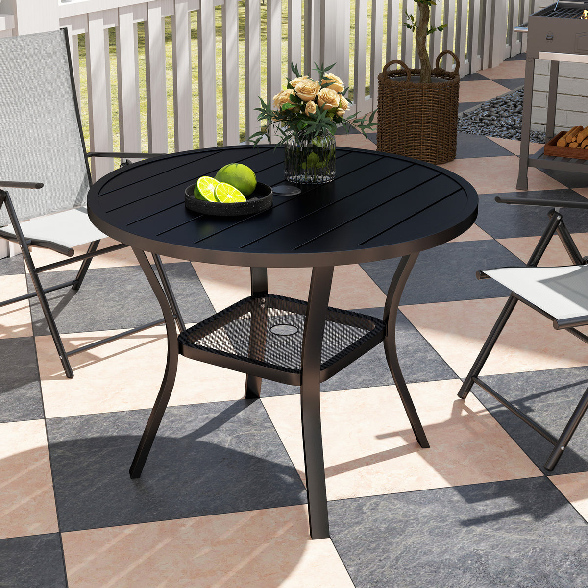90cm Round Steel Garden Dining Table with Parasol Hole and Wire Shelf - Black
