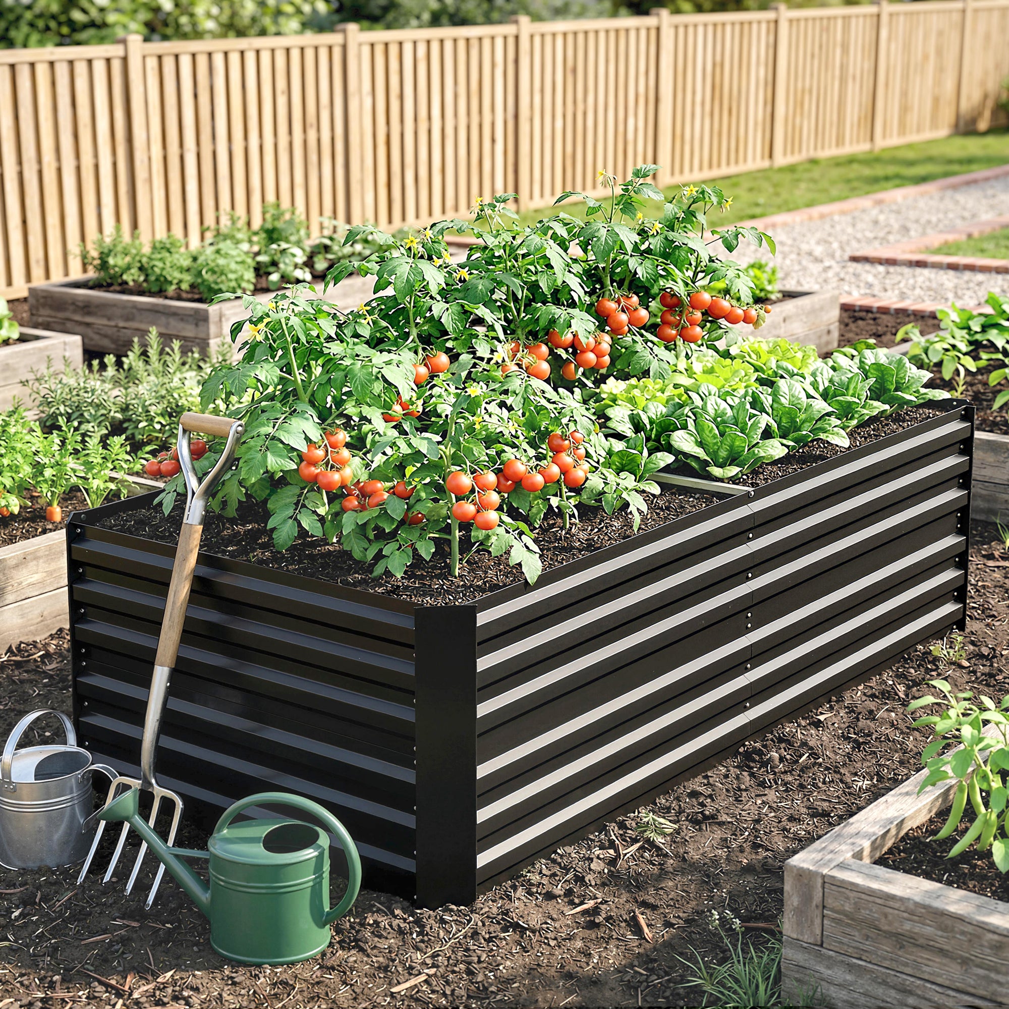 Raised Beds for Garden, Galvanised Steel Outdoor Planters with Multi-reinforced Rods, 180 x 90 x 59 cm, Black