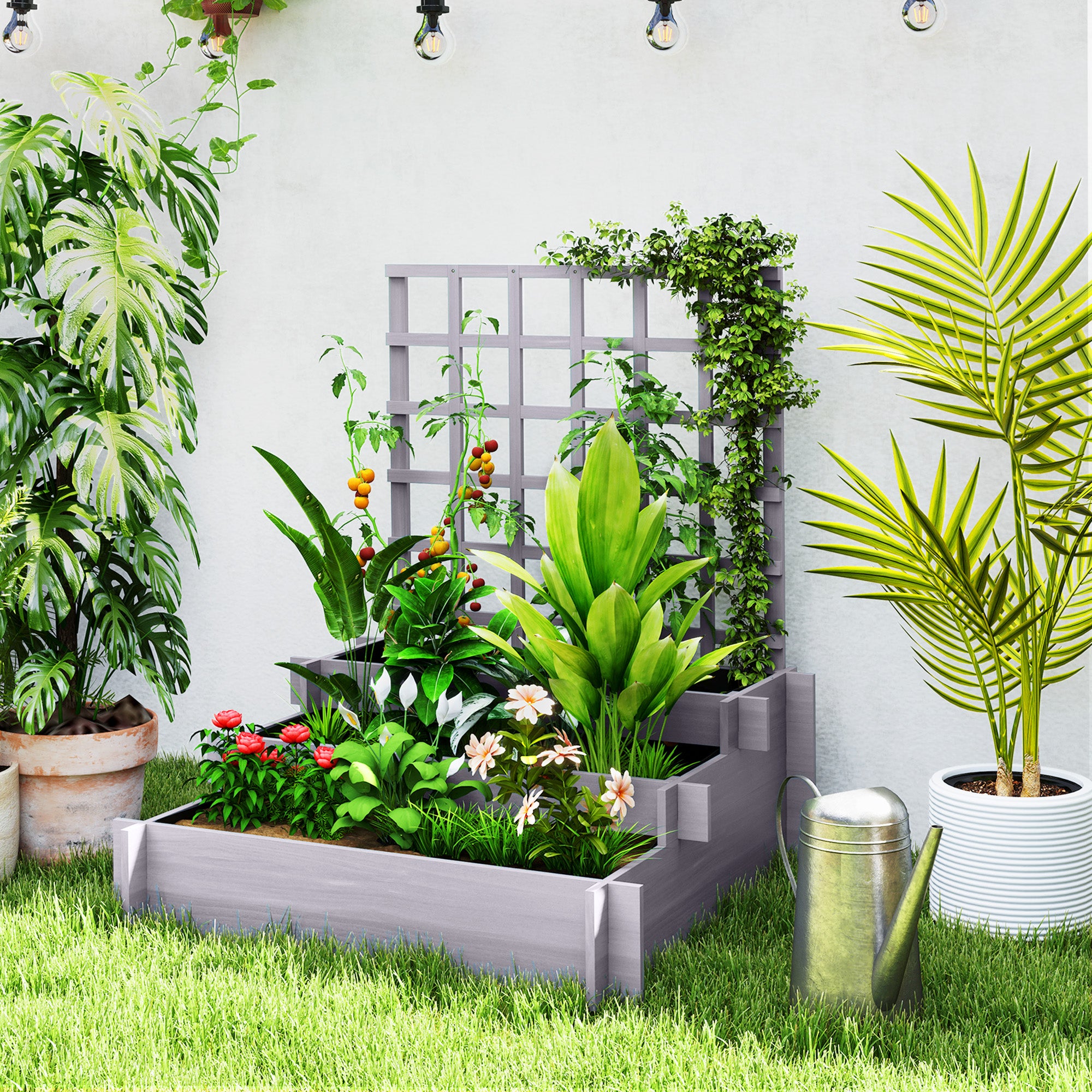 3 Tier Garden Planters with Trellis for Vine Climbing, Wooden Raised Beds, 95x95x110cm, Grey