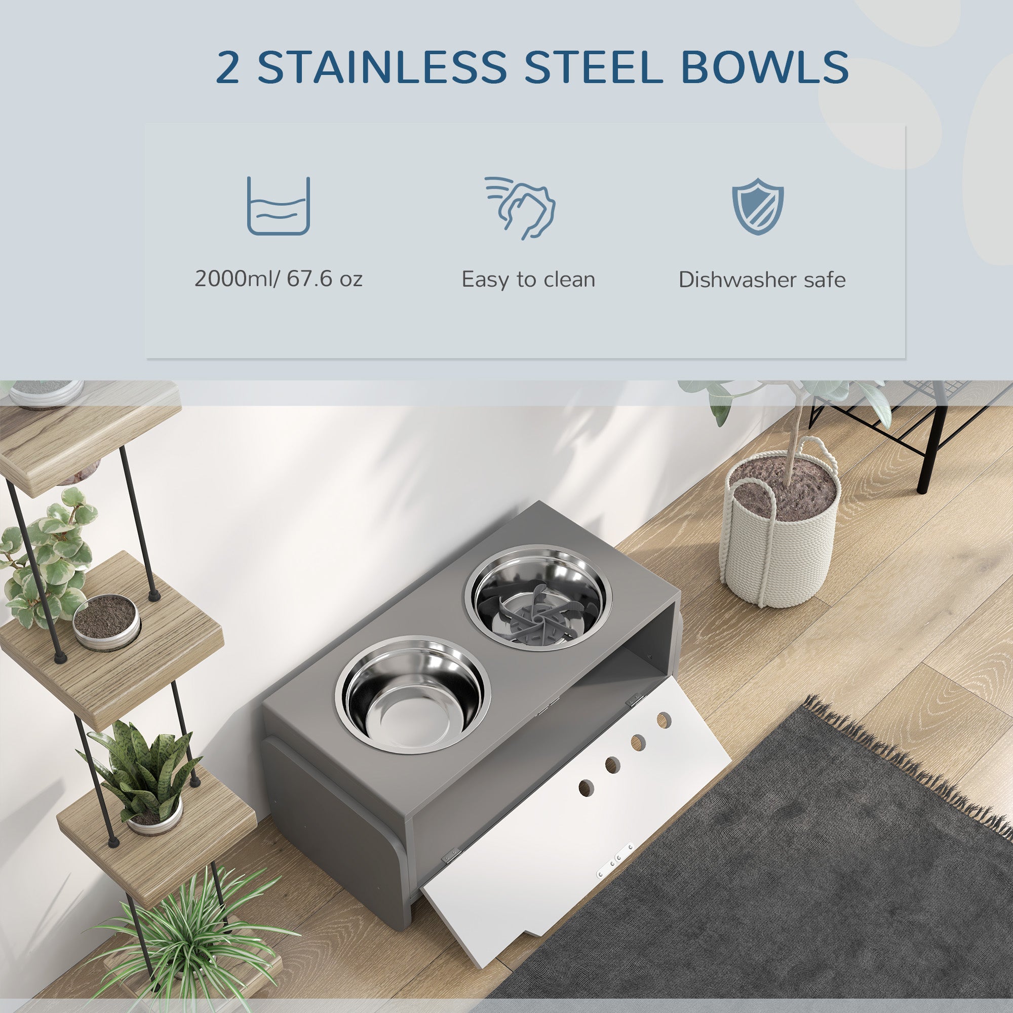 3 Height Adjustable Raised Dog Bowls, Dog Feeding Storage Station w/ Slow Feeder Mat, 2 Stainless Steel Bowls