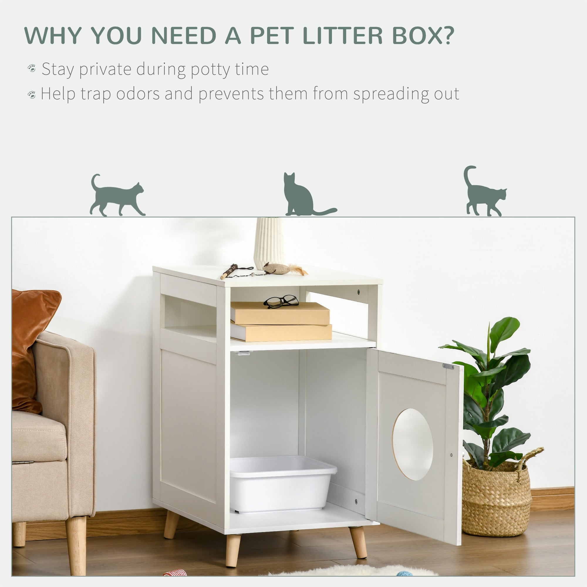 Cat Litter Box Enclosure Washroom Cave House Decorative End Table Wooden Cabinet Indoor with Magnetic Door Multiple Storage Space White
