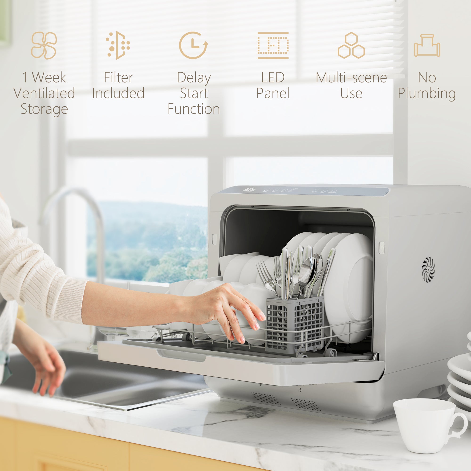 Table Top Dishwasher, Mini Countertop Dishwasher with Built-in 6L Water Tank, 6 Programs, Touch Control, LED Display, 4 Place Settings, Dual Water Supply and Fruit Wash Mode, Silver Tone