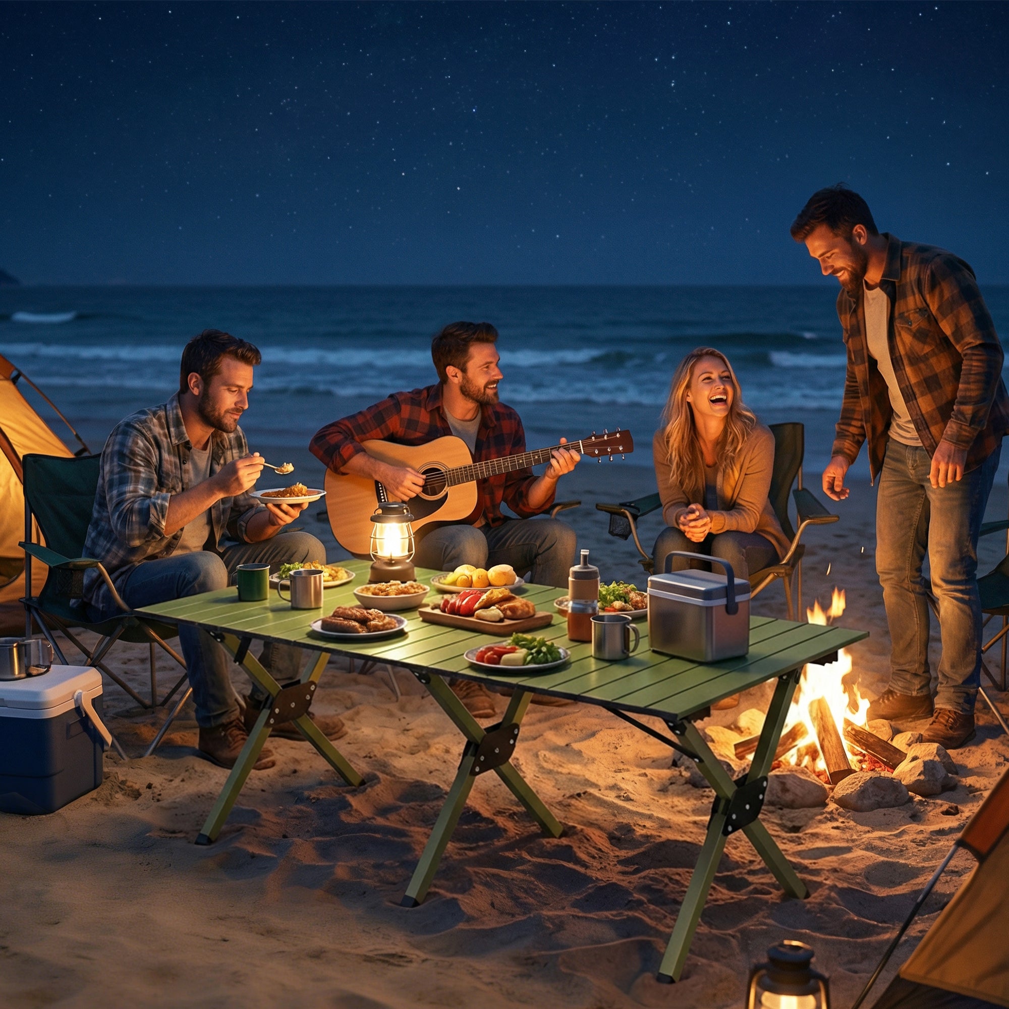 4ft Folding Camping Table, Waterproof Picnic Table with Roll Up Top and Metal Frame, Green