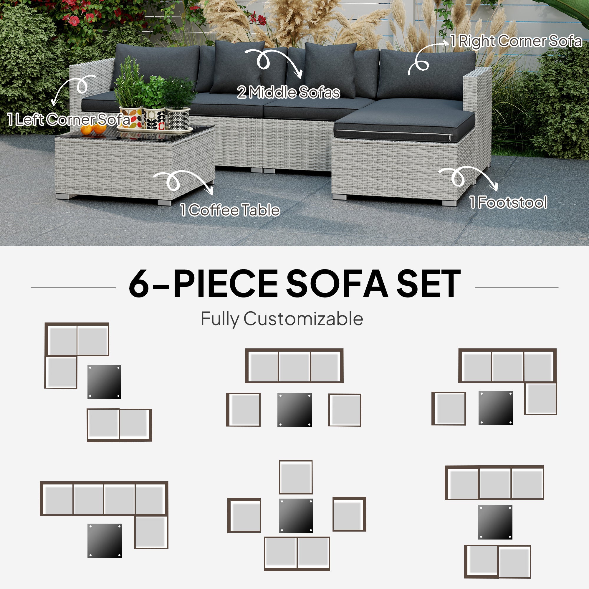 6 Piece Rattan Corner Sofa Set with Cushions and Glass Table - Mixed Grey