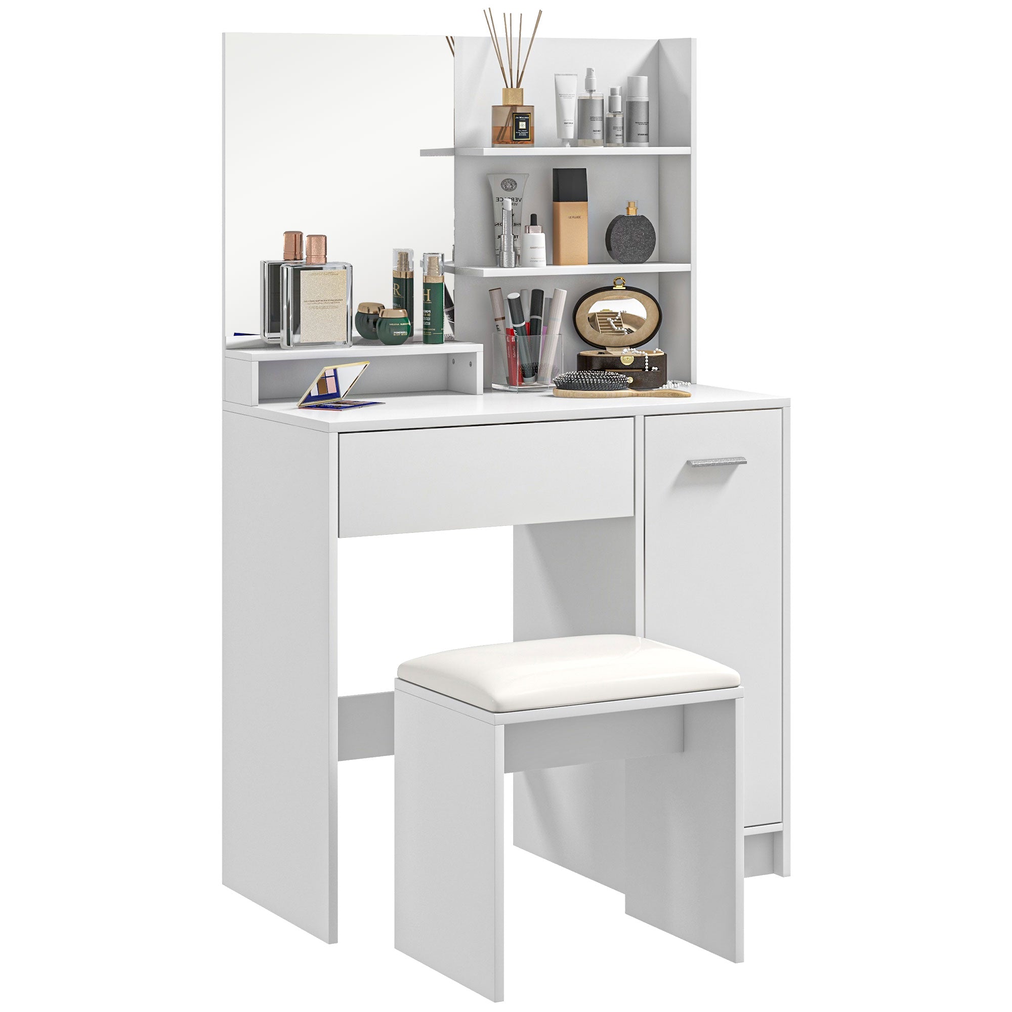 Dressing Table with Mirror and Stool, Vanity Table, Modern Makeup Desk with Drawer, Storage Cabinet and Adjustable Shelf for Bedroom, White