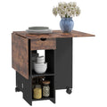 Folding Drop Leaf Dining Table with Drawer and Storage Shelves for Small Spaces - Rustic Brown